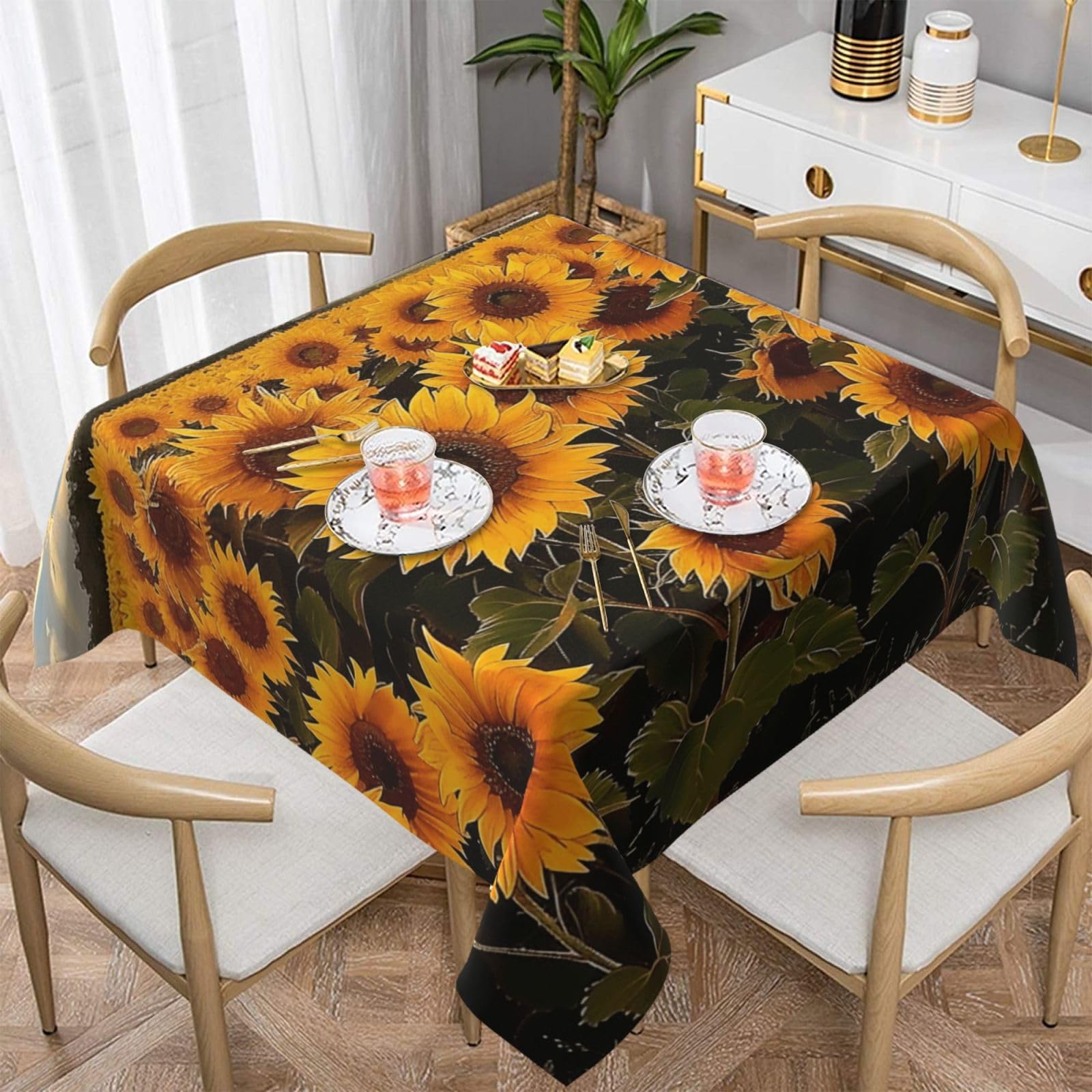 WPKJU Sunflowers Printed Square Tablecloth 60x60 inch Water Resistant Table Cover Washable Rectangle Table Cloth for Dining Tables