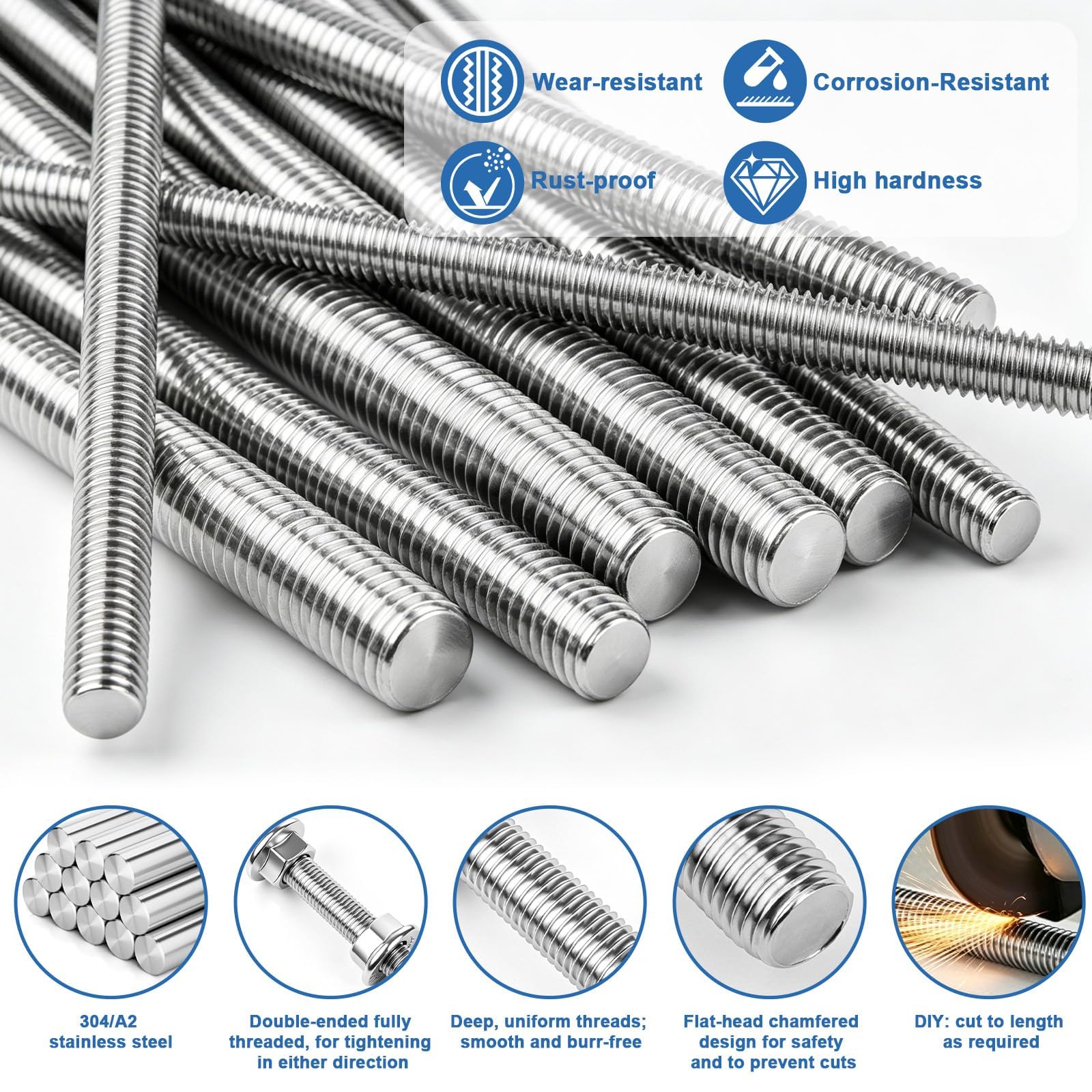 12 Pièces Tige Filetée M8 inox ,Tiges Filetées M8 x 200 mm avec Filetage Métrique Complet ,avec 24 Ecrou M8 pour Bricolage Industrie Construction