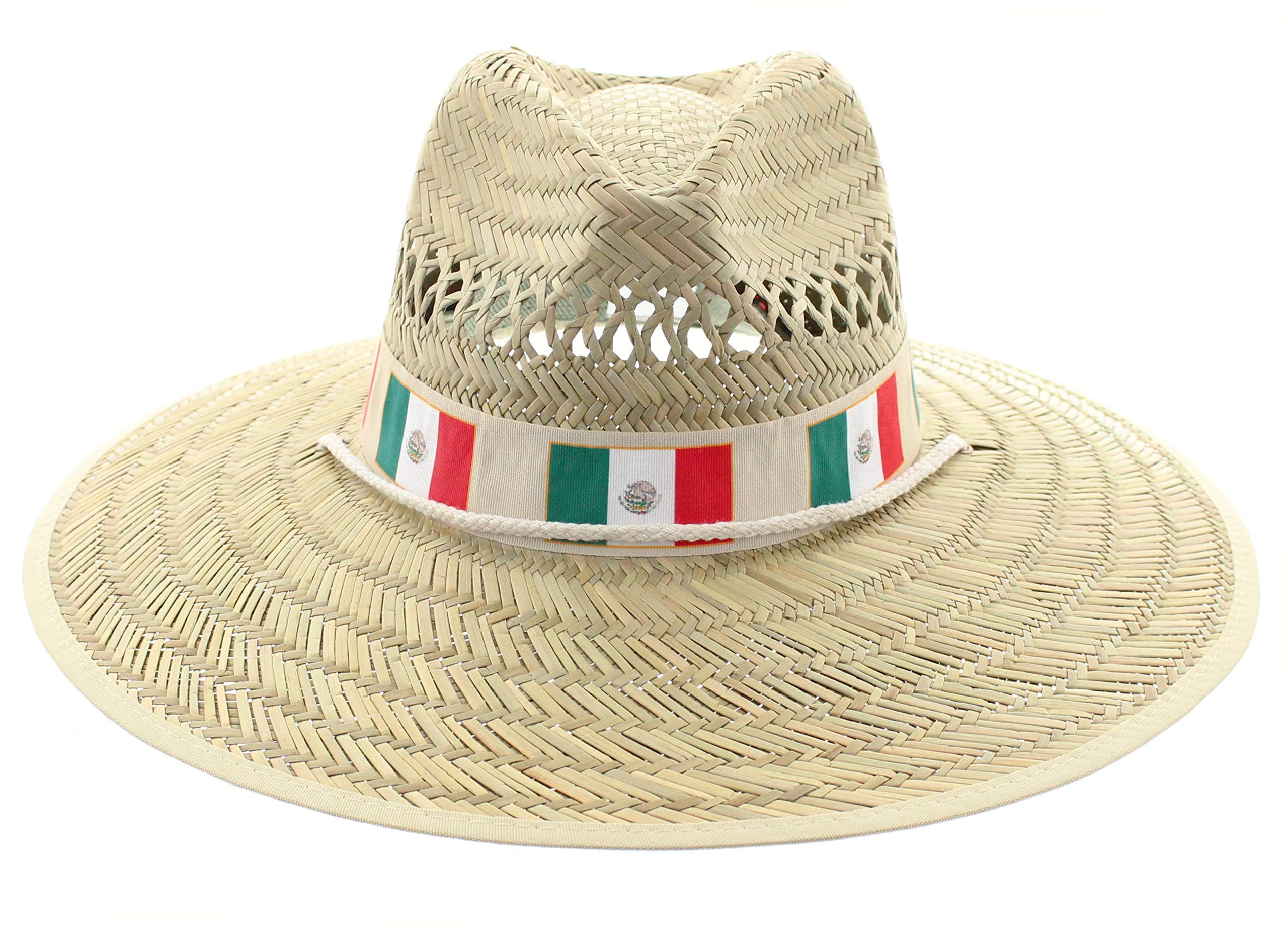 JFH Group Hecho en Mexico Flag Band Wide Brim Beach Sun Straw Hat w/Chin Cord (S06 M Khaki Band)