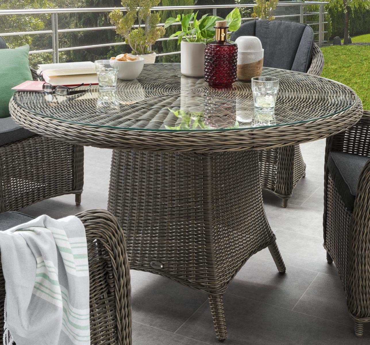 Destiny Gartentisch Luna Ø120x75cm, mit aufgelegter Glasplatte Vintage grau