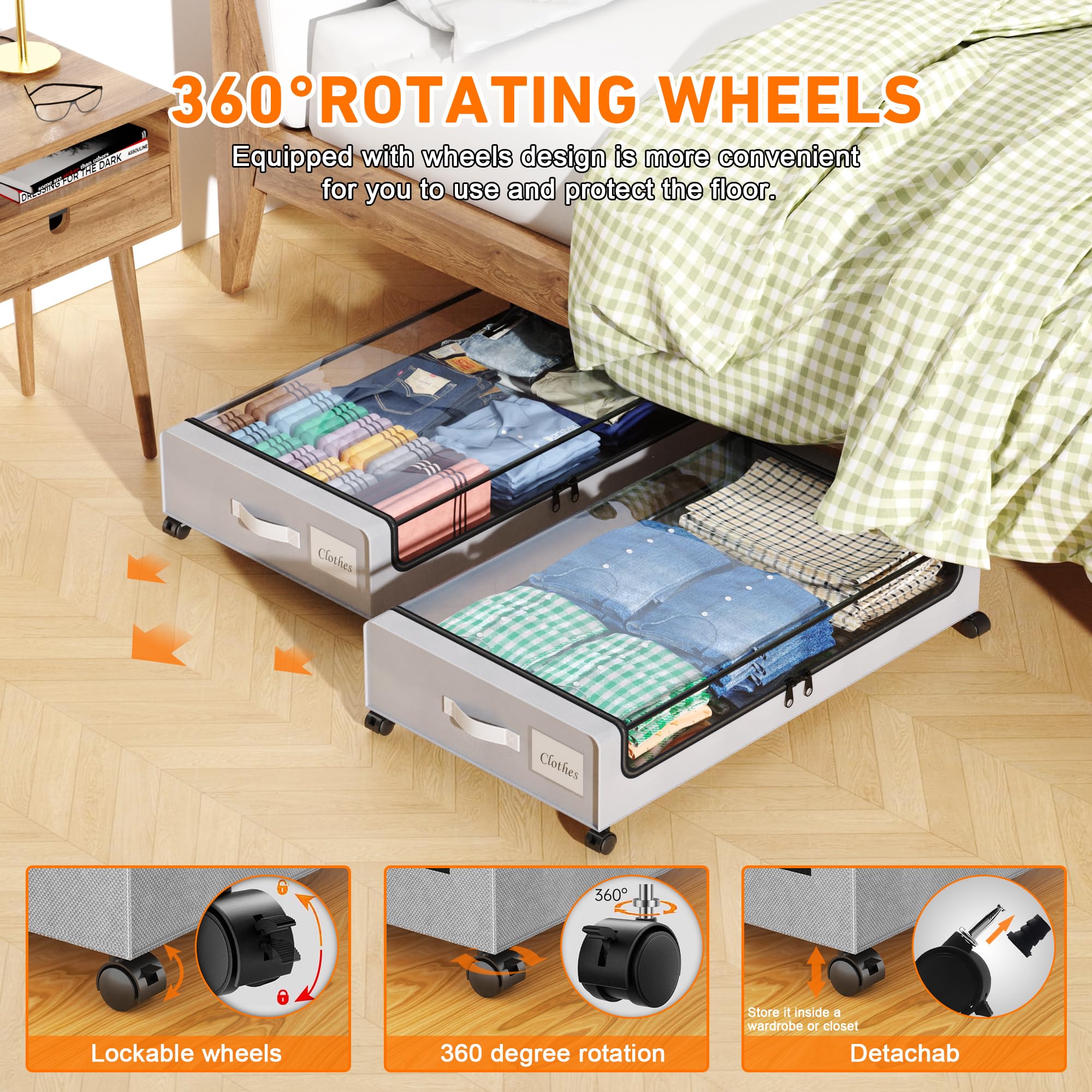 Unterbettkommode mit Rollen, 2 Stück, Unterbett-Aufbewahrungsbehälter mit transparenten Deckeln, XXL 60 l, Unterbett-Organizer, Metallschublade für Kleidung, Schuhe, Spielzeug (Grau, 2 Stück)