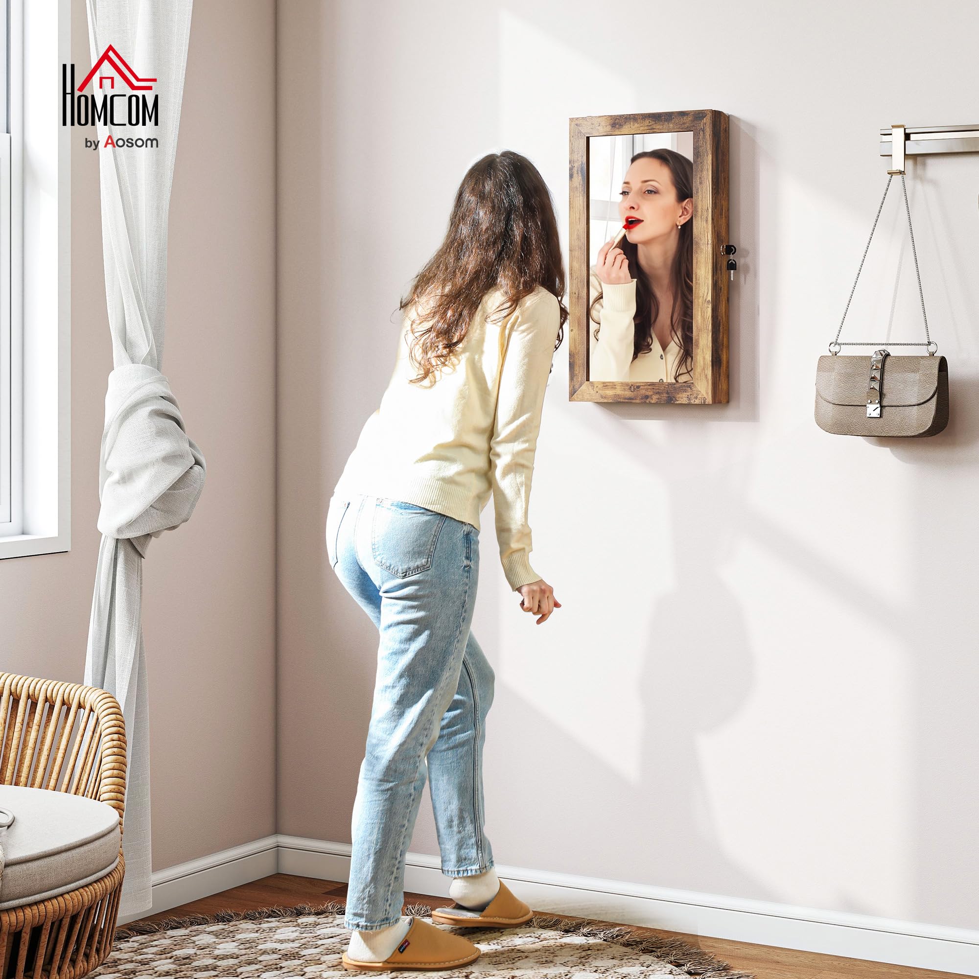 HOMCOM Espejo Joyero Pared con Cerradura Montar Pared Puerta Marrón Rústico
