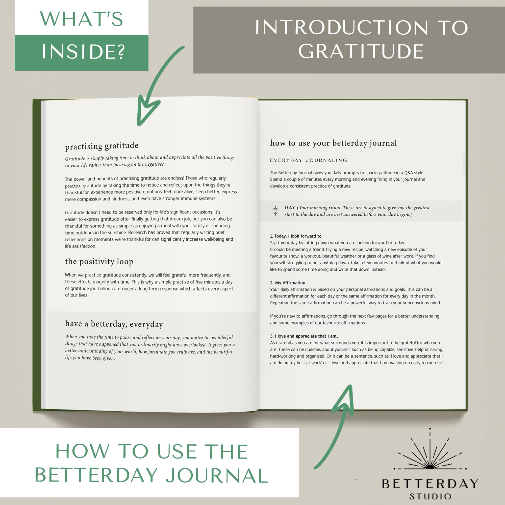 Betterday Gratitude Journal for Women, Olive Green - Image 3