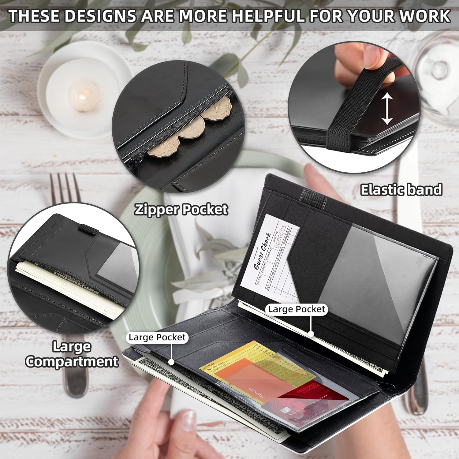 Stylish Server Books for Waitress - Premium Leather Waiter Book, Cute Baby Panda Practical Waitstaff Organizer with Card Slots, Perfectly Fit Server Apron
