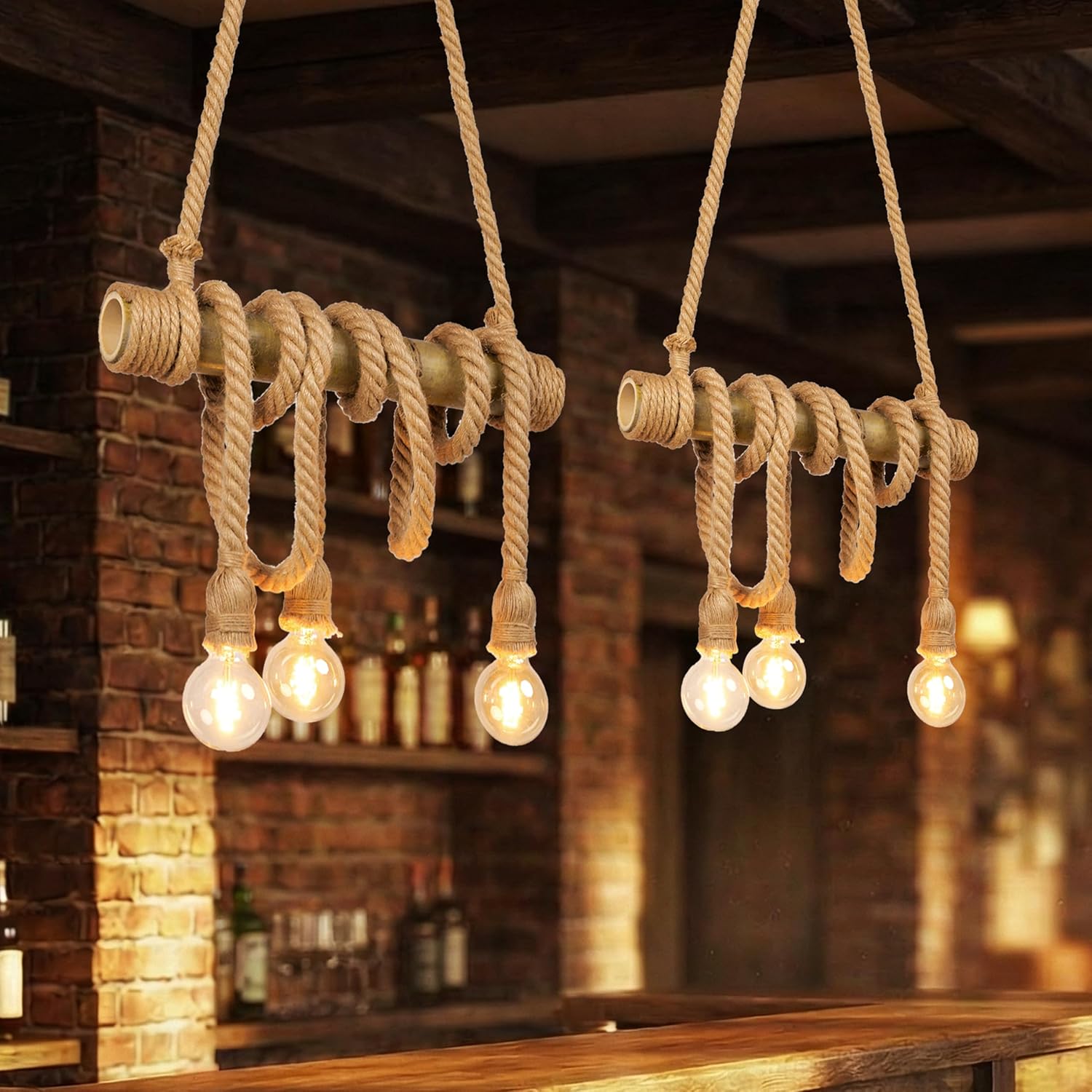 3-Light Boho Chandelier Light Fixture, Natural Bamboo & Hemp Rope Rustic Pendant Lights, Industrial Farmhouse Hanging Lamp for Kitchen Island Dining Room Living Room Bedroom Cafe Bar Decor