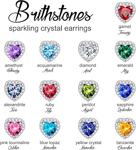 Miniatura 5 de Aretes de corazón para mujeres y niñas, aretes de plata de ley S925 con forma de corazón, aretes de piedra natal brillante para mujeres y niñas,