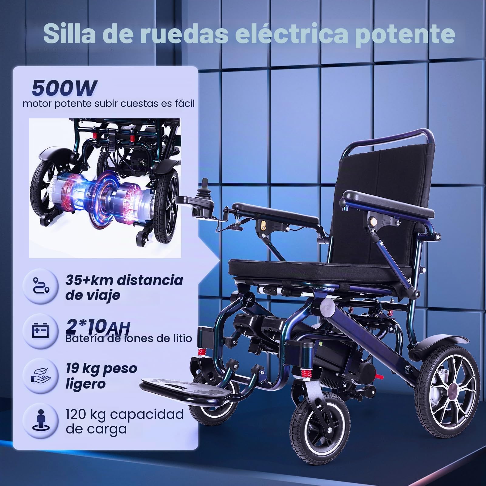 Sillas de ruedas eléctricas de color degradado, alcance de 30 km con 2 baterías de litio, solo 19 kg, 500 W, silla de ruedas eléctrica plegable, aprobadas por aerolíneas, con mango telescópico y mando