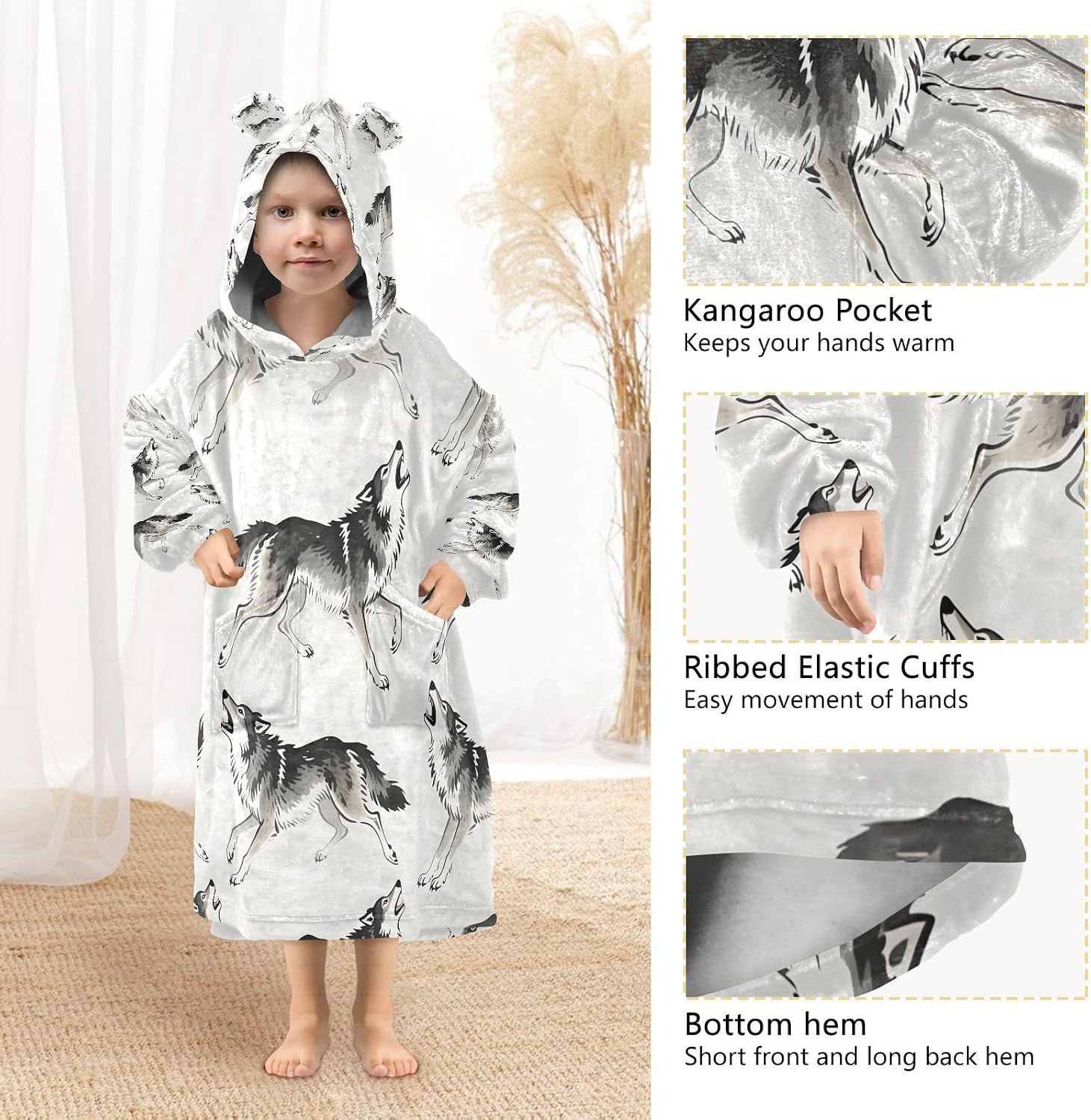 Kigai Wolf Wearable Blanket Hoodie for Kids Oversized Hooded Blanket Warm & Cozy Sweatshirt with Pockets