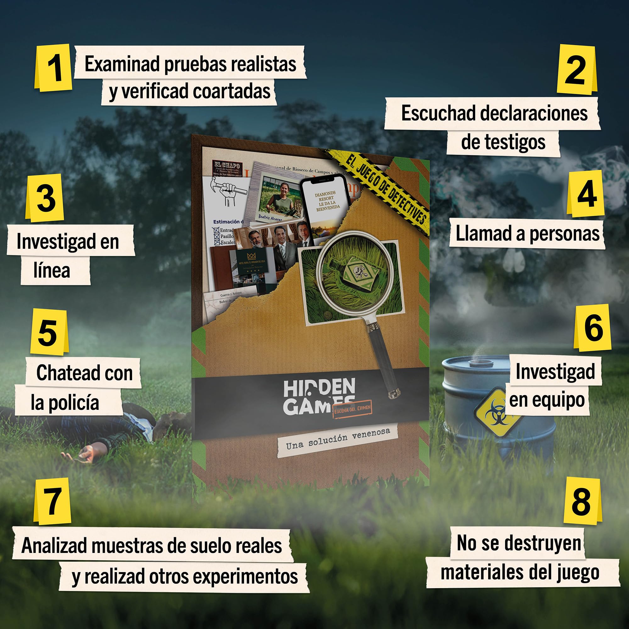 Hidden Games Escena del Crimen: Una Solución Venenosa, crimenes imperfectos, Exit Juego de Mesa Misterio Detectives cooperativo, 1-6 Jugadores, +14 años, español