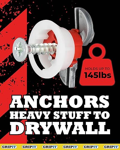 Miniatura 4 de Gripit Anclajes rojos para paneles de yeso  Anclajes de pared y tornillos para paneles de yeso  Kit de anclajes y tornillos  Anclajes de pared de