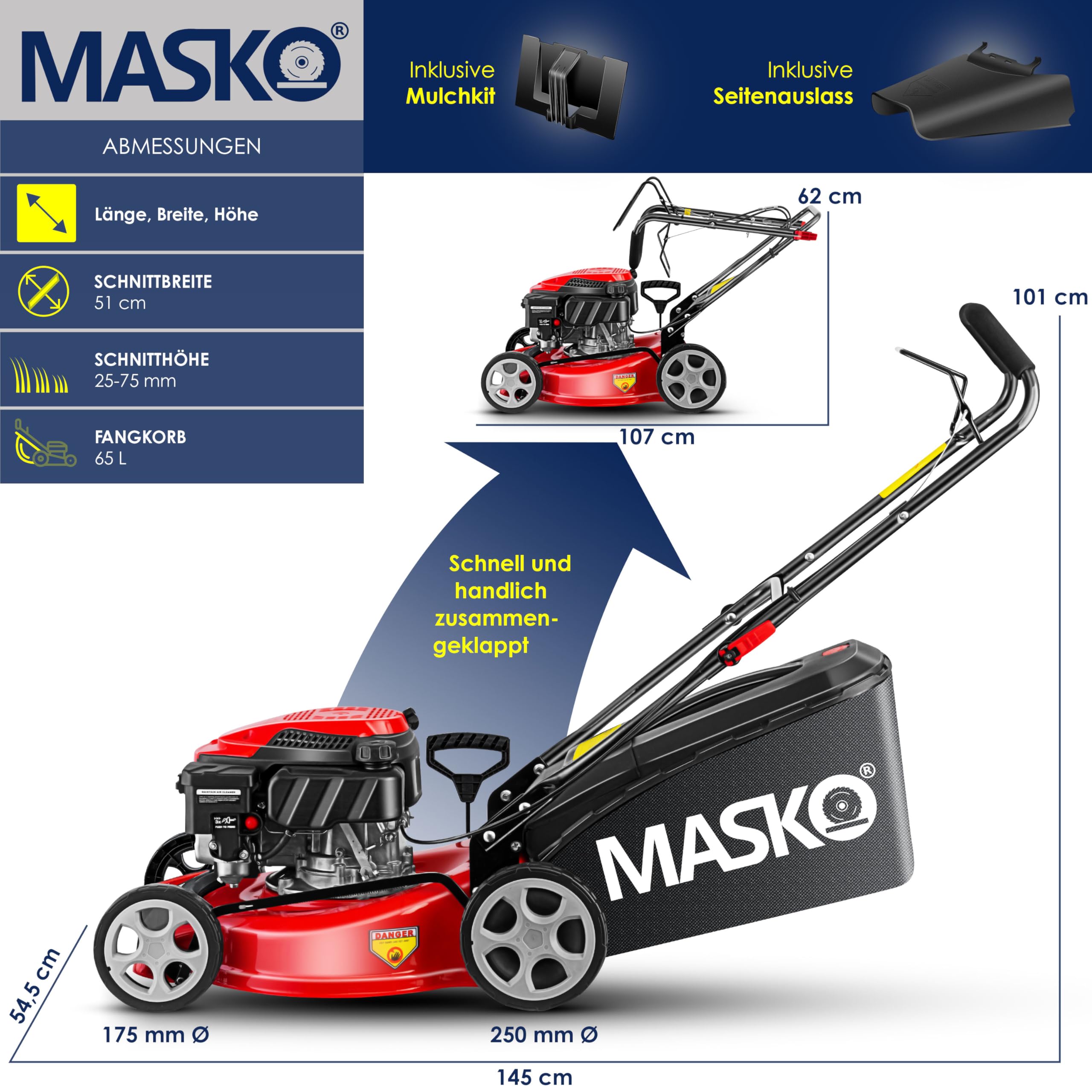 MASKO® Cortacésped de Gasolina, 5 en 1, accionamiento de Ruedas, función de Limpieza, función de mantillo, expulsión Lateral, Ancho de Corte 8 Veces, Ajuste de Altura de Corte, Motor de 4 Tiempos