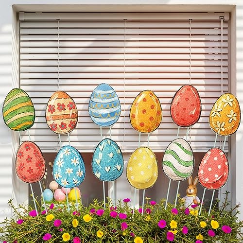 Amyhill 12 Pcs Easter Planter Stakes Decorative, Happy Easter Egg