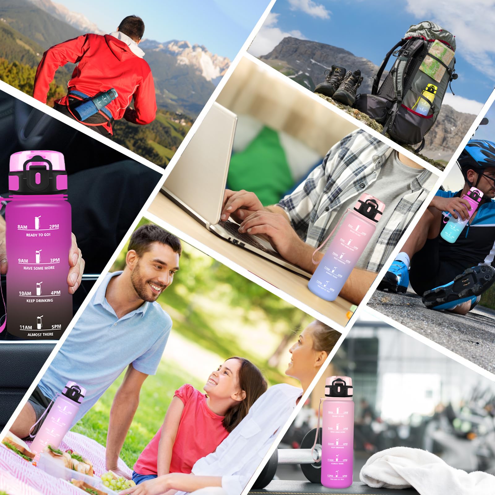 Borraccia 1 litro, Borraccia Palestra, Bottiglia Senza Perdite, Facile da Pulire, Bottiglia Motivazionale, Facile da Trasportare, Borraccie Orari, Borraccie Graduata, per Campeggio, Viaggio, Fitness