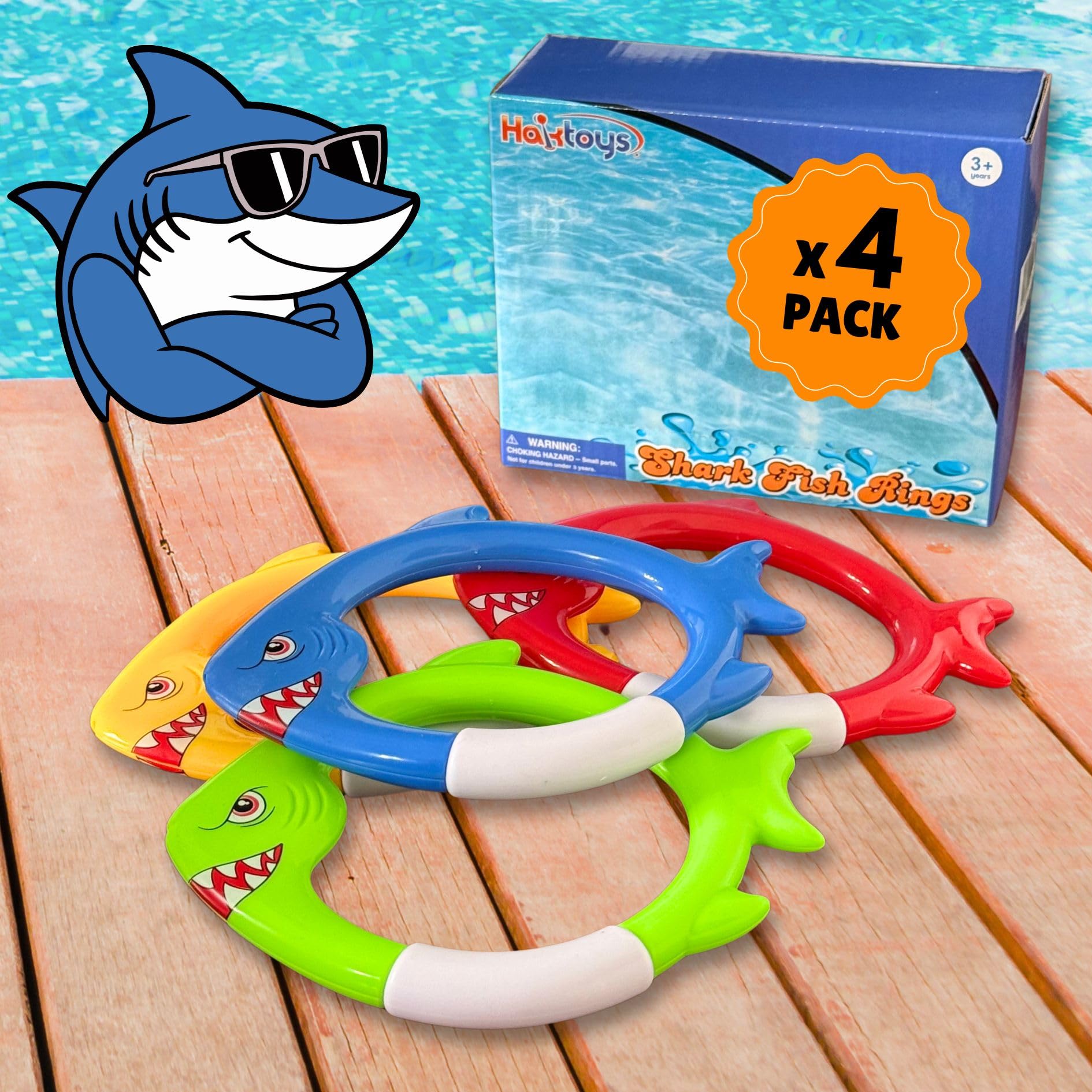 Lot de 4 anneaux de plongée avec requin – Jouets de piscine pour enfants, garçons, garçons et filles, anneaux de poissons sous-marins colorés pour jeux de piscine, entraînement à la natation, jeux de