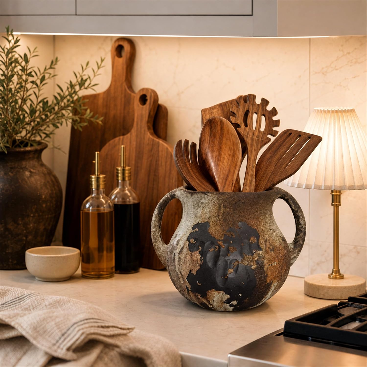 Ceramic Rustic Kitchen Utensil Holder for Countertop, Vintage Kitchen Decor