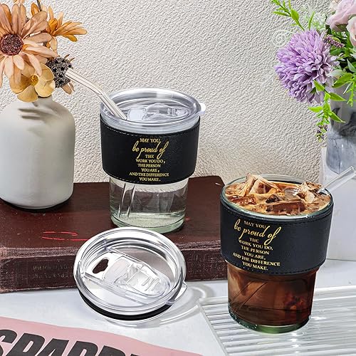 Miniatura 6 de Inbagi Vasos de agua con funda de cuero, vaso de vidrio motivacional de 13.5 onzas, taza de café de agradecimiento para empleados, regalos de