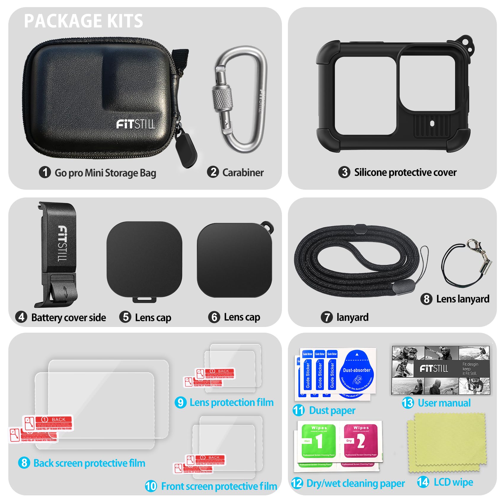 FitStill Set Protezione Go Pro Hero 13 Nero Poliuretano Silicone Coperchio Batteria Pellicola Copriobiettivo Cordino