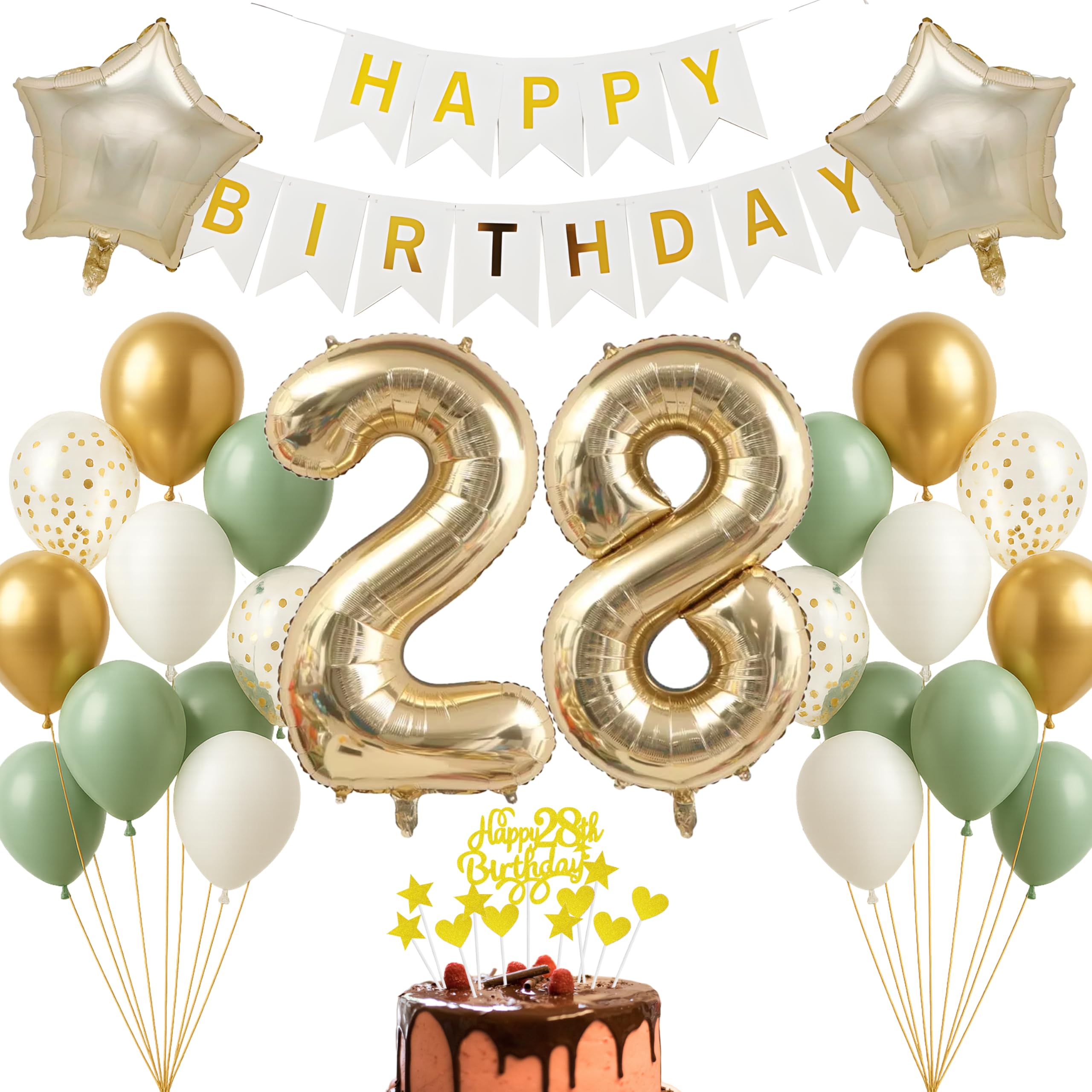 28th Birthday Decoration Set Champagne Gold White Sage Green Happy Birthday Banner for Adults Women Men Decoration for 28th Birthday Decoration Photo Background Balloon Decoration Party Decoration