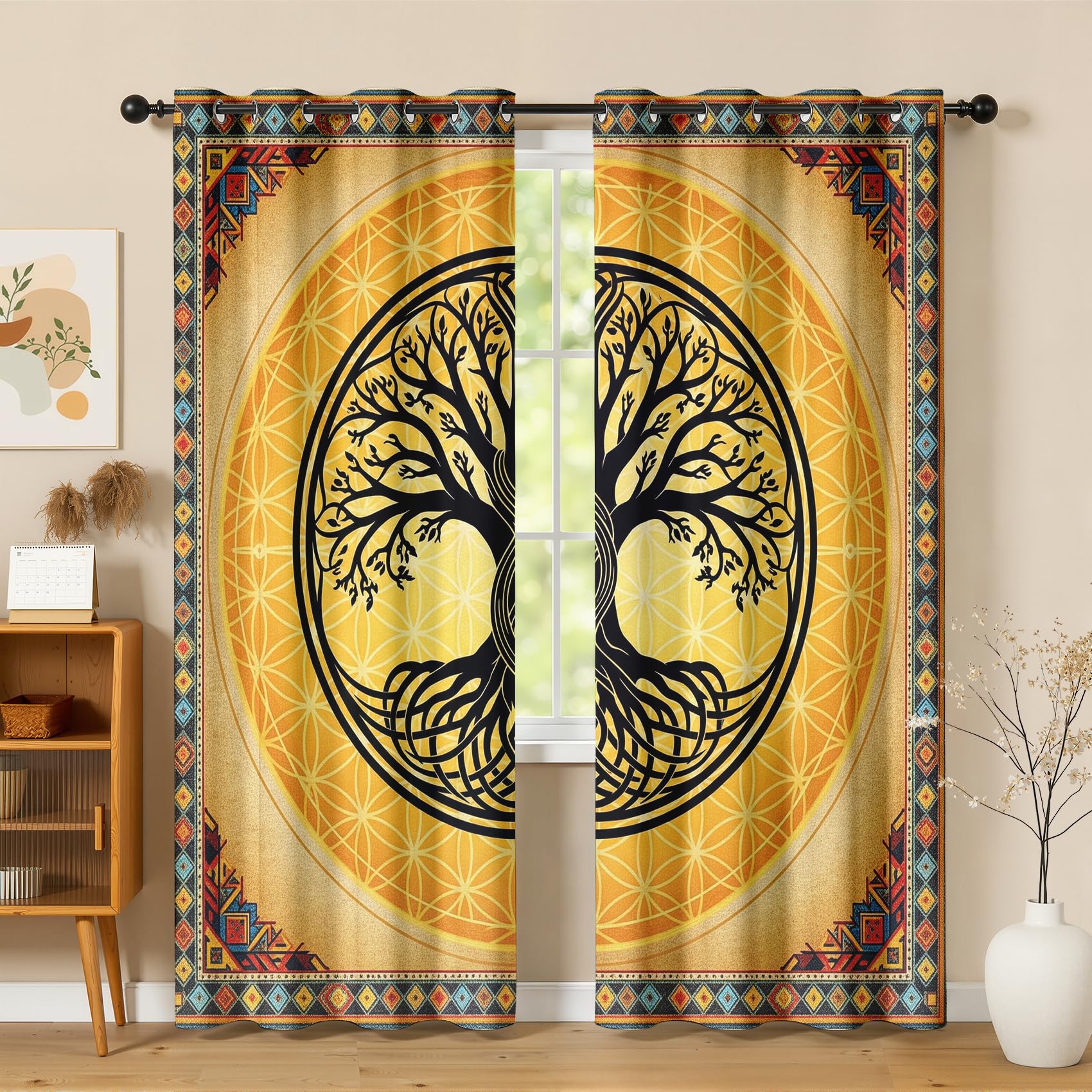 Lebensbaum Yggdrasil Gold Vorhänge Blickdicht Gardinen mit ösen Keltisch Blume des Lebens Vorhang 175 cm Lang Verdunklungsvorhänge für Schlafzimmer Wohnzimmer Fenster 2er Set