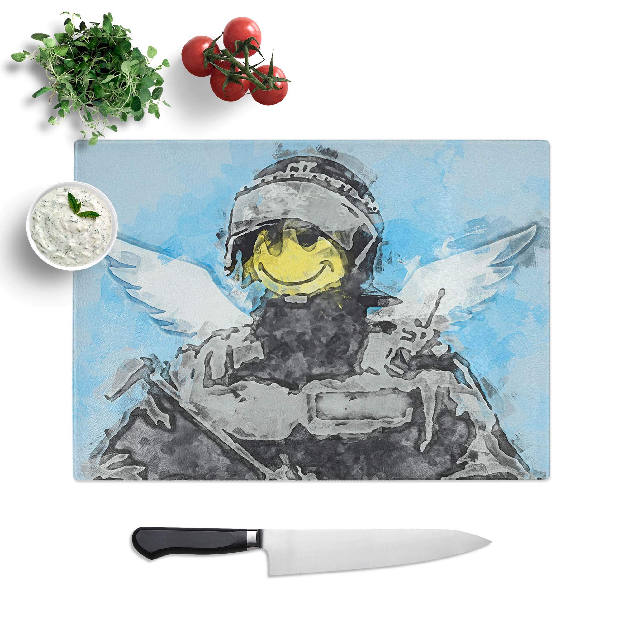 Glass Chopping Board - Smiley Policeman by Banksy - Textured Worktop Saver Cutting Board - Heat Resistant, Shatterproof and Hygenic - 28.5 x 20 cm