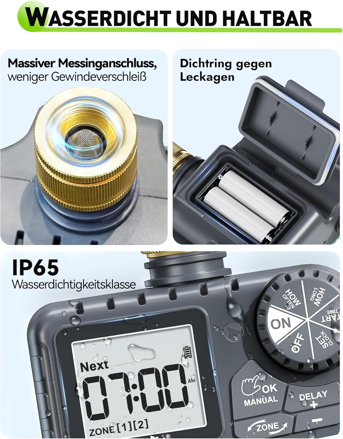 Close-up of the RAINPOINT irrigation computer showing the battery compartment and brass inlet.