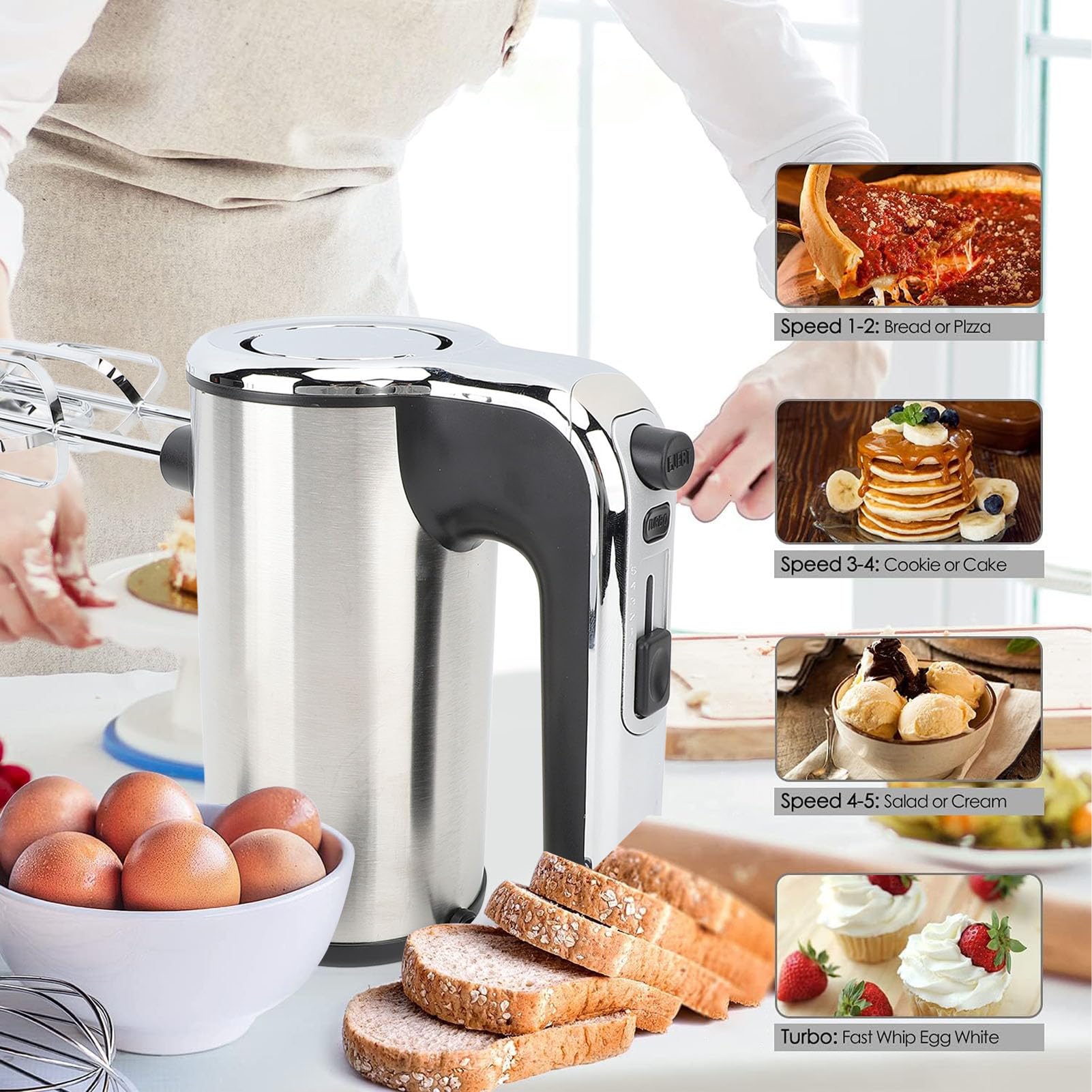 Batidora de Mano Eléctrica, Batidora Eléctrica de Mano de Acero Inoxidable de 5 Velocidades, Potencia 500W