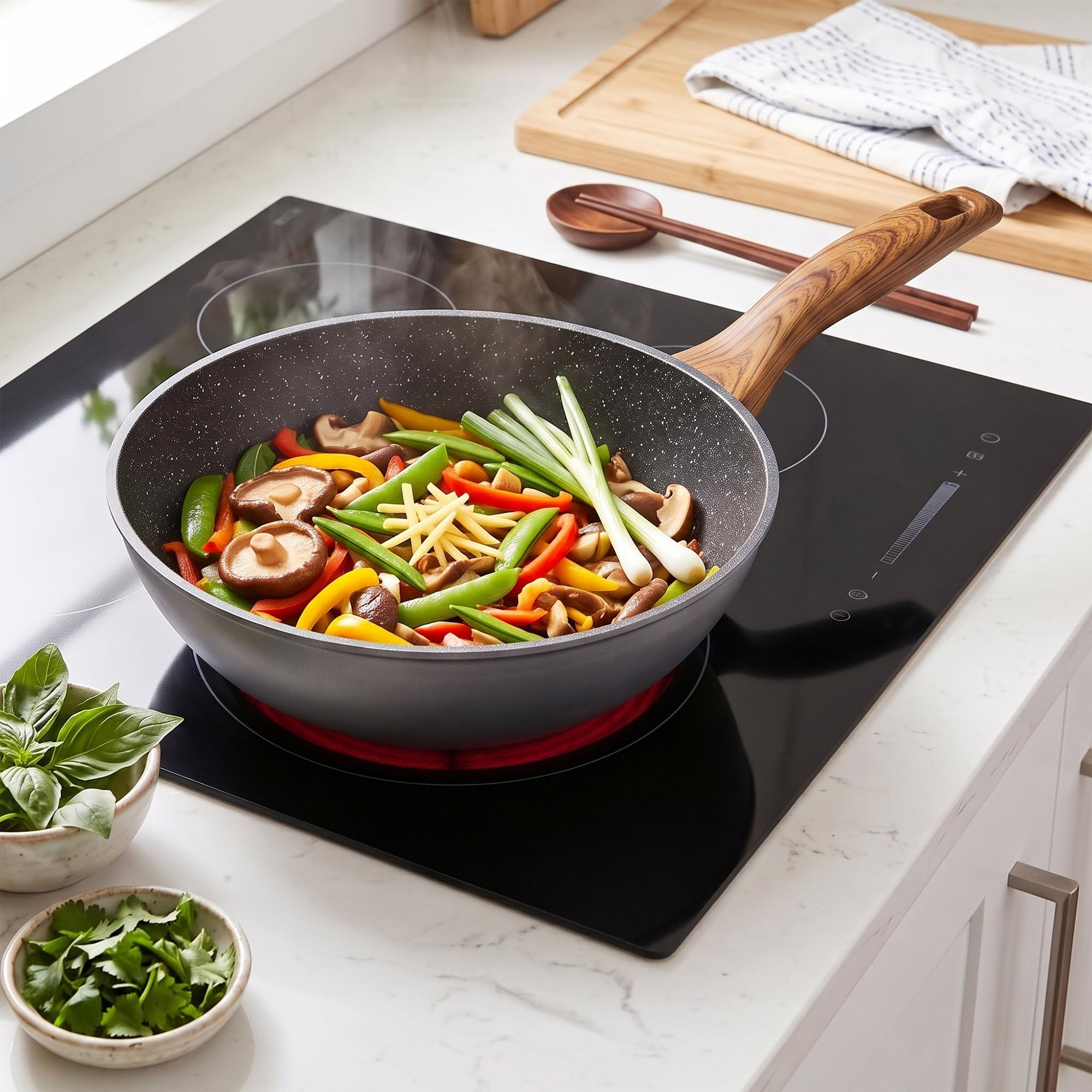 STONELINE Back to Nature Made in Germany Wok 30 cm, auch für öl- und fettfreies Braten, Wok Pfanne beschichtet mit echten Steinpartikeln, Wok Induktion und backofengeeignet