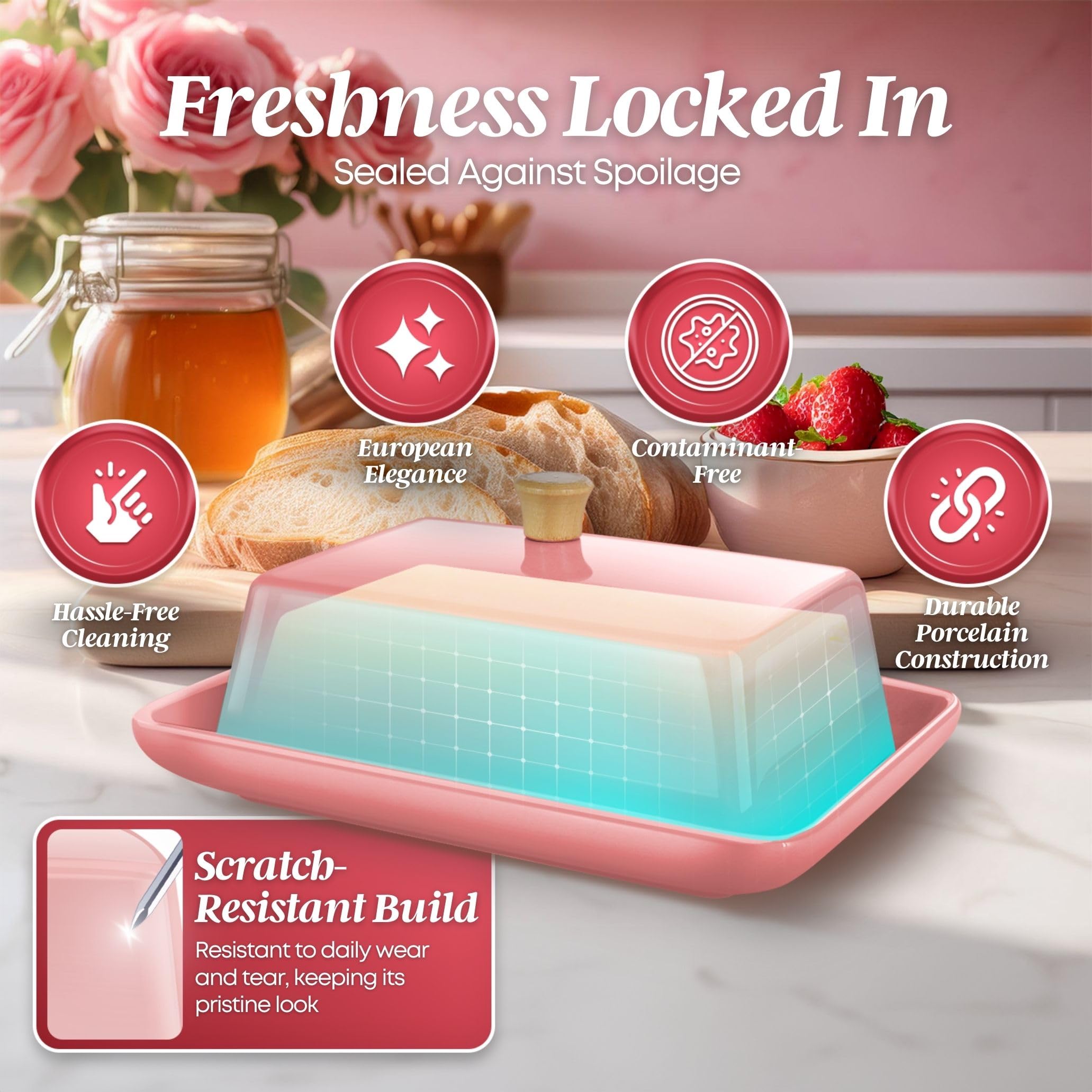 Flexzion Beurrier Européen Rose en Céramique avec Couvercle pour Plan de Travail (18 cm) - Boîte Large Double Pour 2 Bâtonnets de Beurre, Conteneur de Fromage à la Crème
