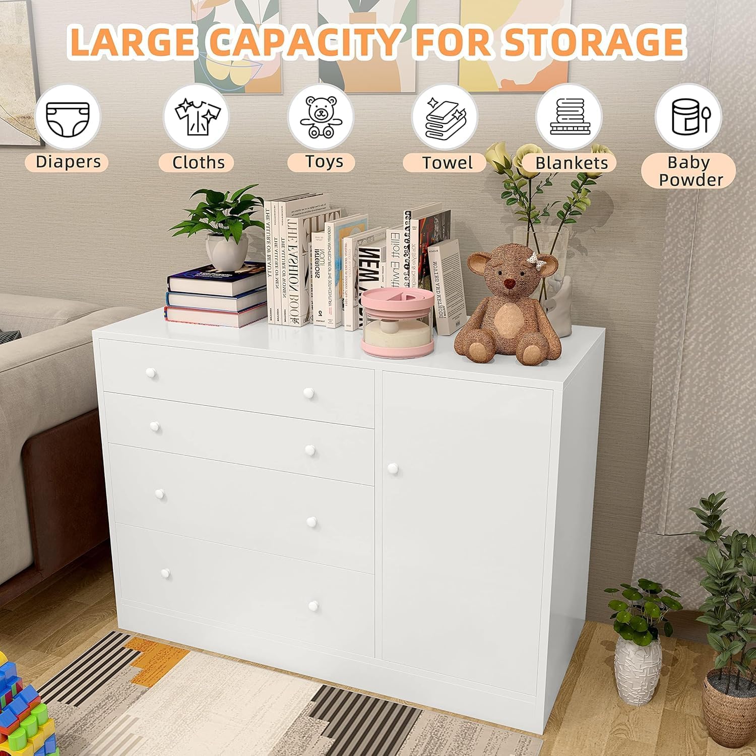Changing Table with 4 Drawers and Open Storage Space, Drawer Changing Table