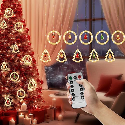 Luces de ventana de Navidad, decoraciones de Navidad para interiores, luces de ventana de árbol de Navidad, luces de cortina para telón de fondo,