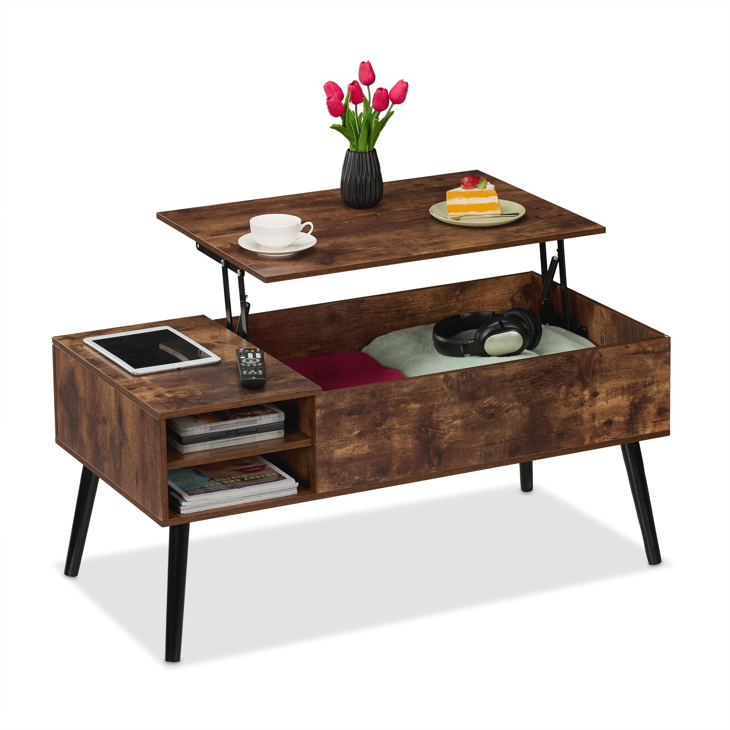 Relaxdays Mesa Centro Elevable, Mesita Sofá con 2 Compartimentos Almacenaje, Estilo Industrial, 46x100x50cm, Marrón
