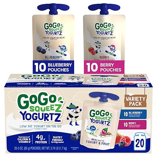 GoGo squeeZ YogurtZ - Paquete variado de arándanos y bayas, 3 onzas (paquete de 20), aperitivos para niños hechos de yogur real y fruta, no necesita