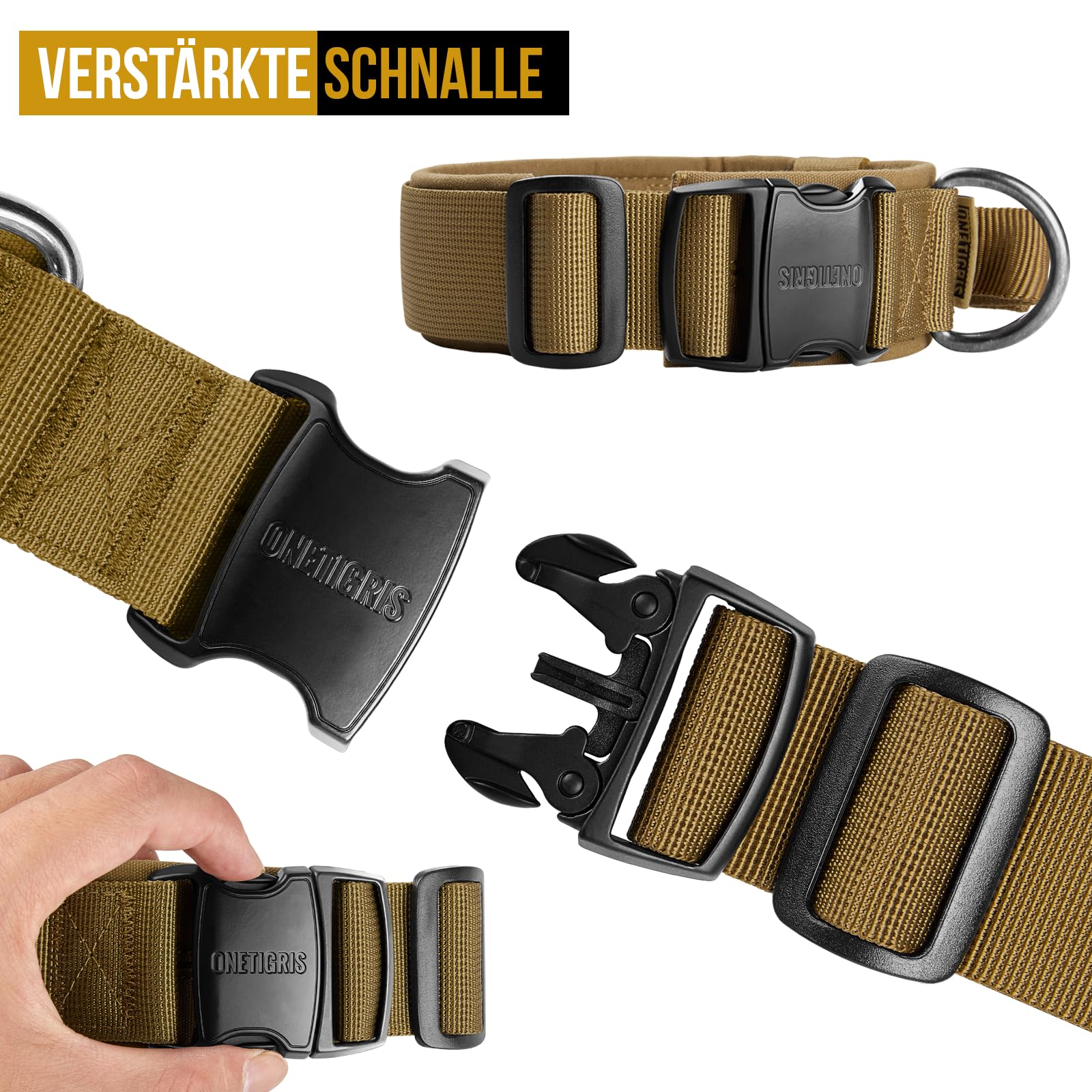 OneTigris K9 Collare con Fibbia in Metallo per Cani, Marrone, M