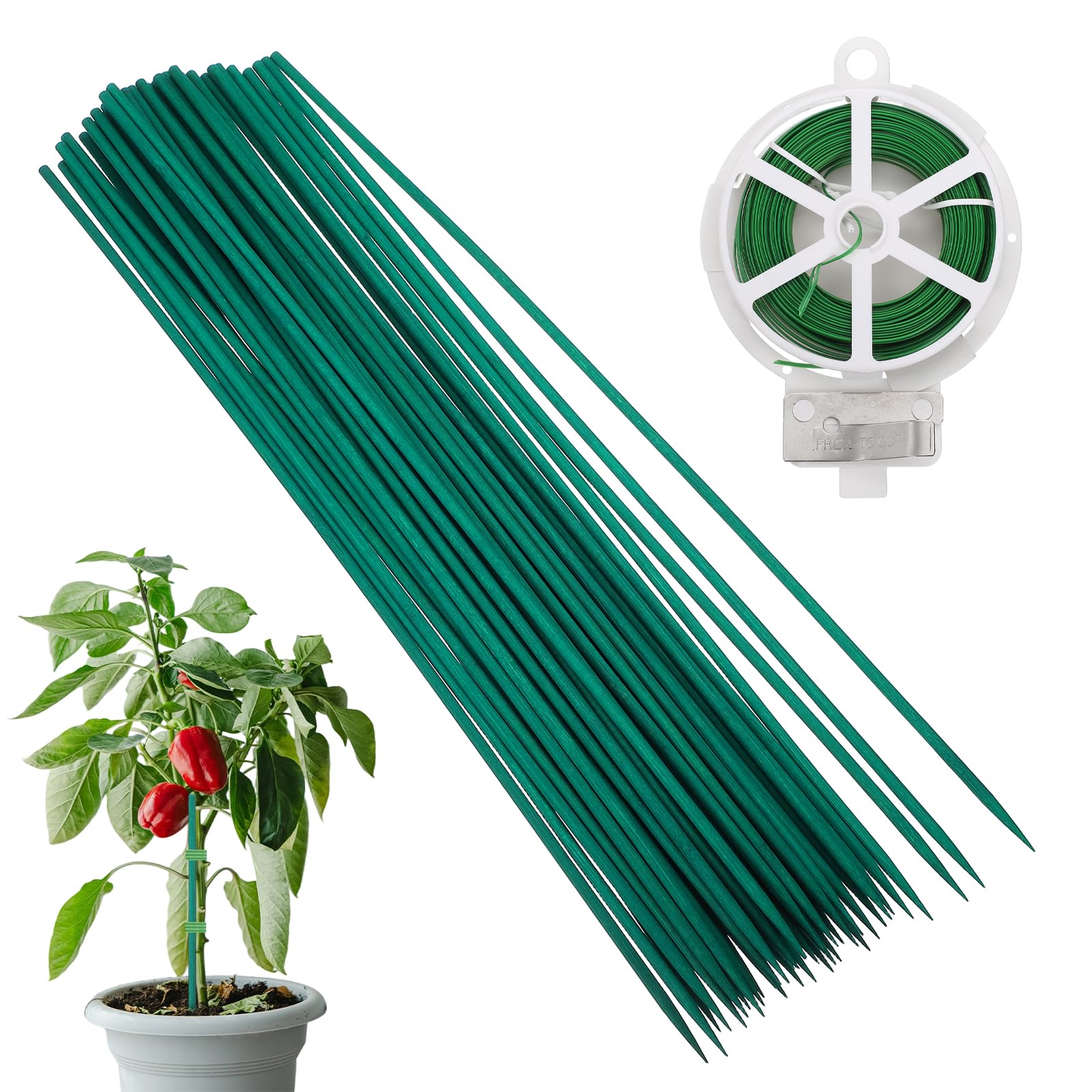 sourcing map 50Pcs Garden Wood Plant Stakes, 0.2" x 19.69" Gardening Bamboo Sticks, Floral Plant Support Stakes with 164Ft PVC-coated Wire for Indoor Potted Plants, Green