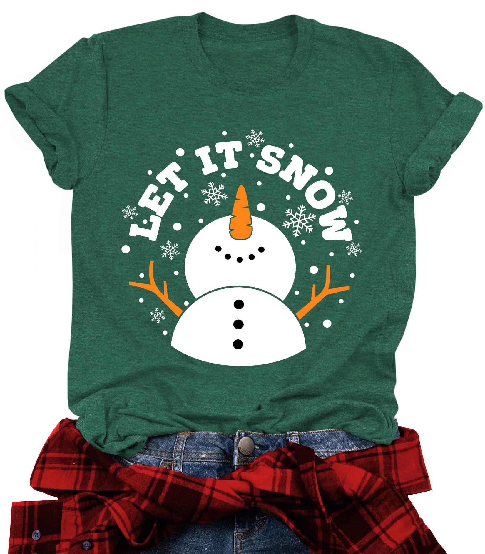 LHBNKChristmas Shirts for Women Let It Snow Christmas T Shirt Funny Snowman Graphic Tees Casual Holiday Tops