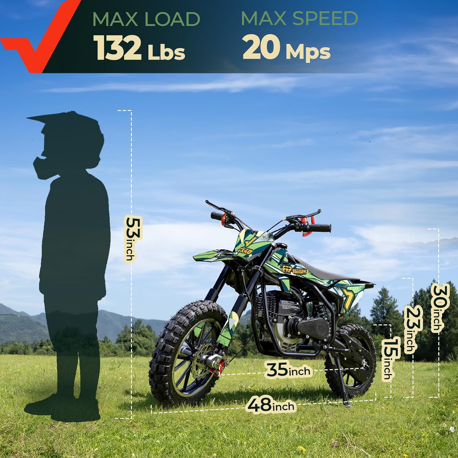 FRP FX40-Ogemaw Kids Dirt Bike, EPA Approved 40CC 4-Stroke Gas Mini Dirt Bike with Dual Disc Brakes, Off-Road Bike for Ages 13+, 20 MPH Max Speed, 132 LBS Capacity - Green