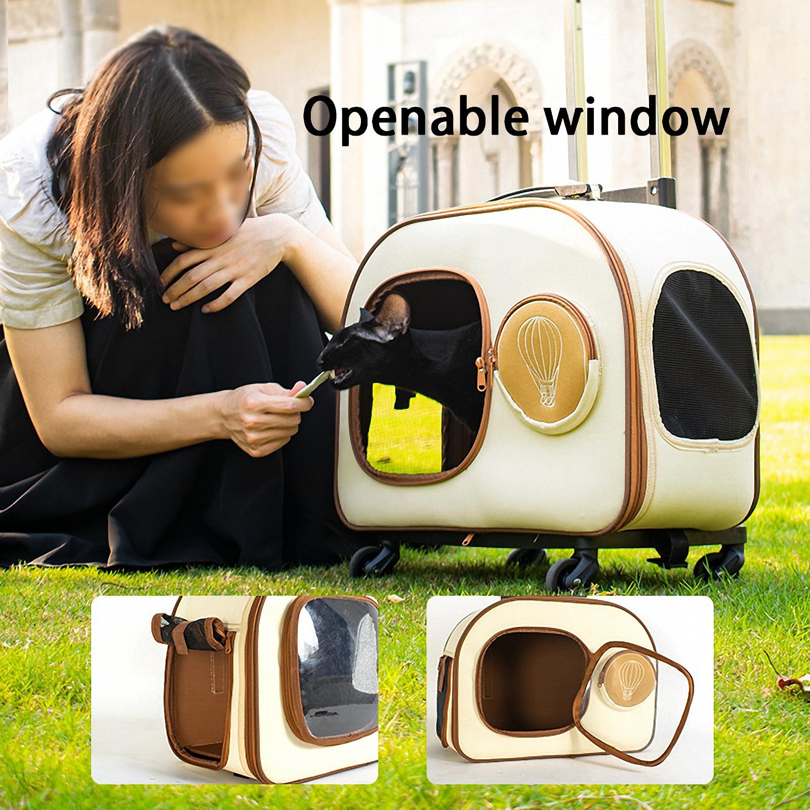 Oddychający nosidełko na wózek dla zwierząt z kółkami, z regulacją wysokości, przenośny plecak dla małego psa i kota, beżowy 1 (Beige2 Size)