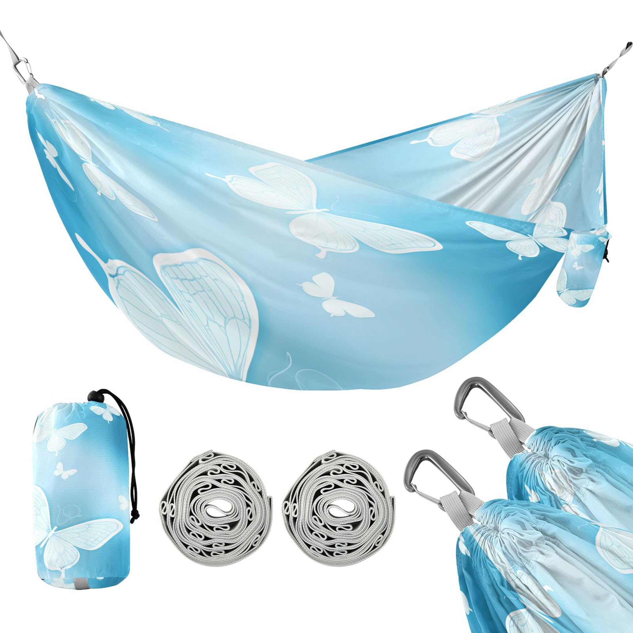Takiito Translucent White Butterflies Hammock 330 lb Capacity Travel Camping Hammock with Tree Straps, Portable Lightweight for Outdoor Beach Backpacking Backyard Patio