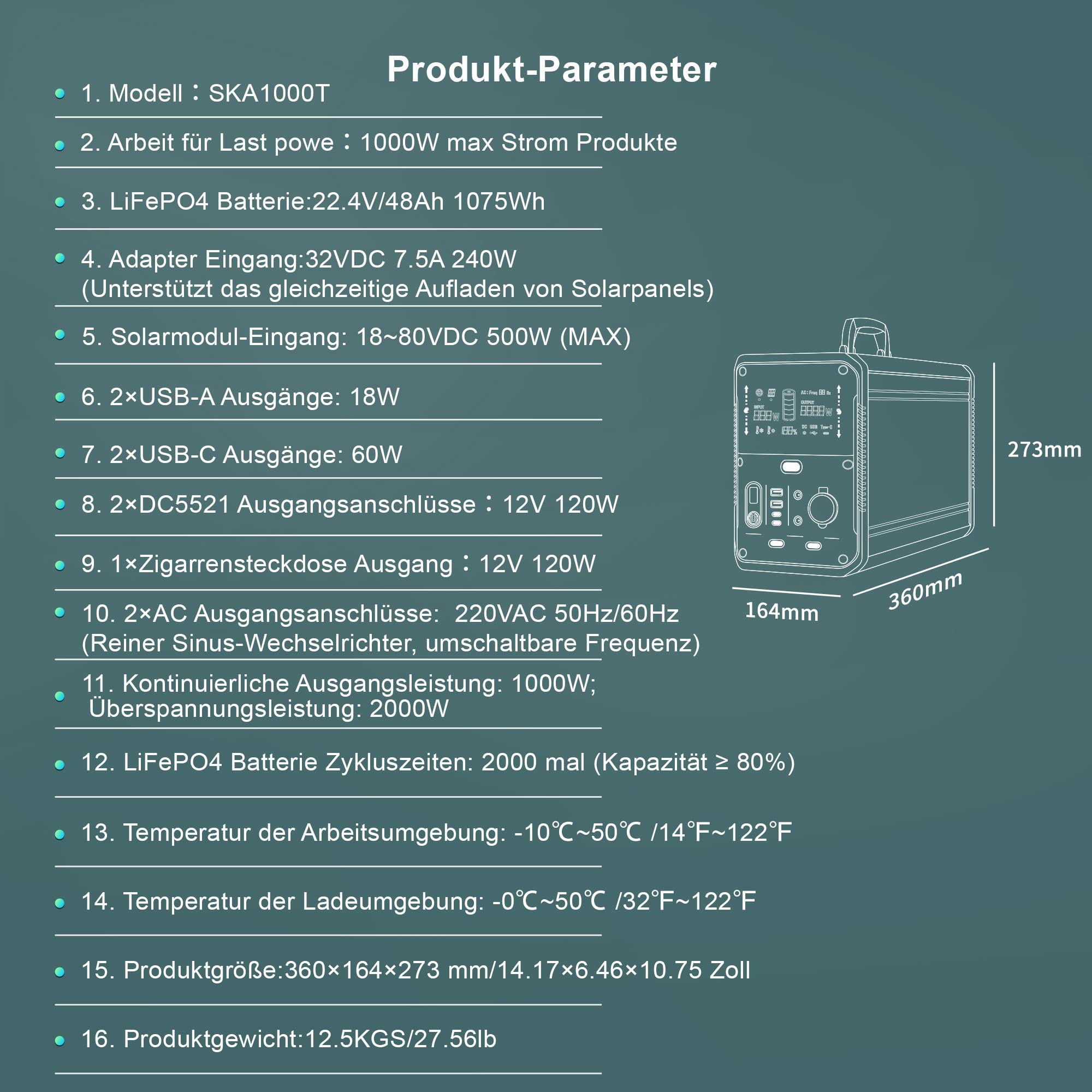 Przenośna stacja zasilania,Przenośny Power Bank z 1000/1500W Max Load PowerLiFePO4,48Ah 1075/1380Wh,2xUSB-A(18W),2xUSB-C(60W),2xDC5521(12V 120W) 2xAC220V 50Hz/60Hz,1000W