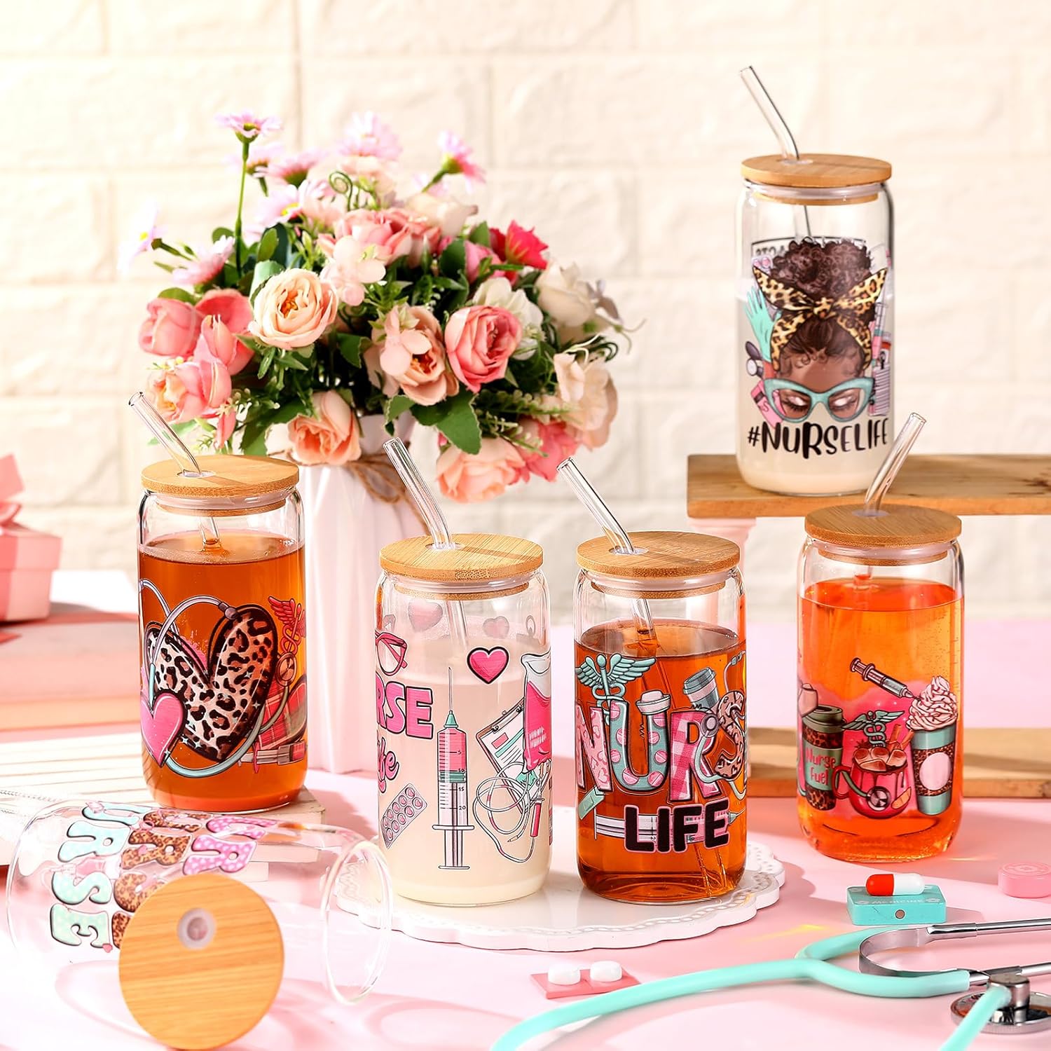 6 Pcs Christmas Nurse Gifts Bulk Nurse Glass Cups 16 oz Can Shaped Nursing Coffee Drinking Tumbler with Bamboo Lid and Straw for Nursing Women Xmas Holiday Party Favors Gifts - Image 6