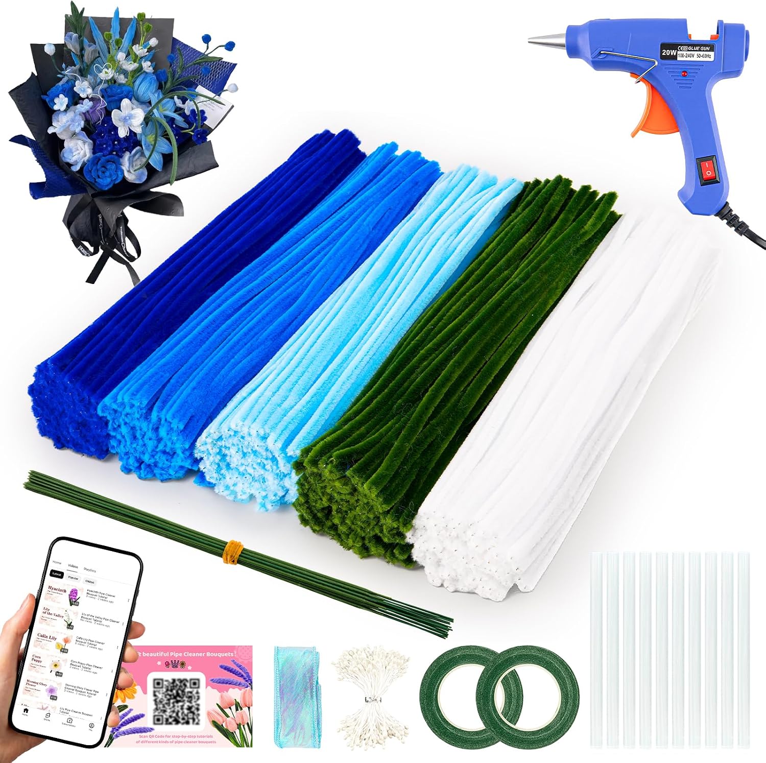 500 Pcs Blue Pipe Cleaner Flower Kit 8mm Thick 12 Inches Long | Complete Set, Includes Hot Glue Gun and Tutorial, For DIY Flower Making, Bulk Fuzzy Crafts, Chenille Stem, Gifts, Decor