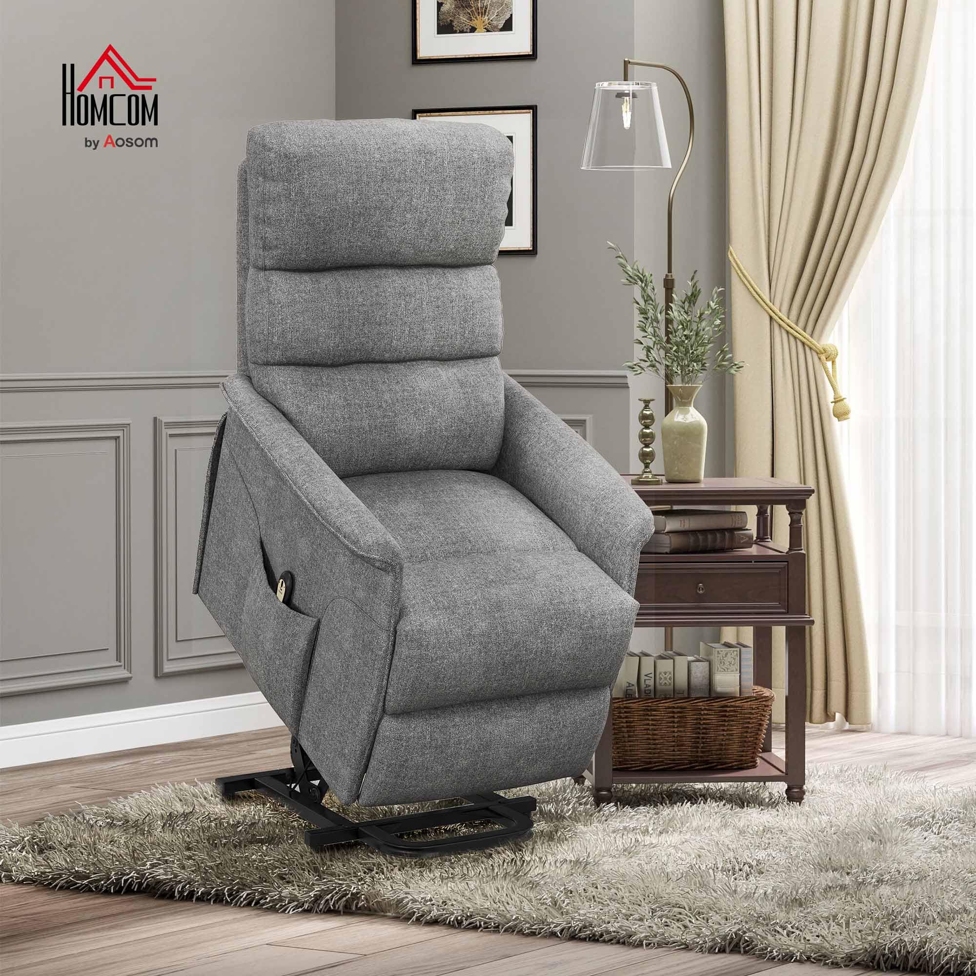 HOMCOM Fauteuil releveur électrique Fauteuil de Relaxation inclinable avec Repose-Pied, télécommande, Pochette, Tissu de Lin, Gris