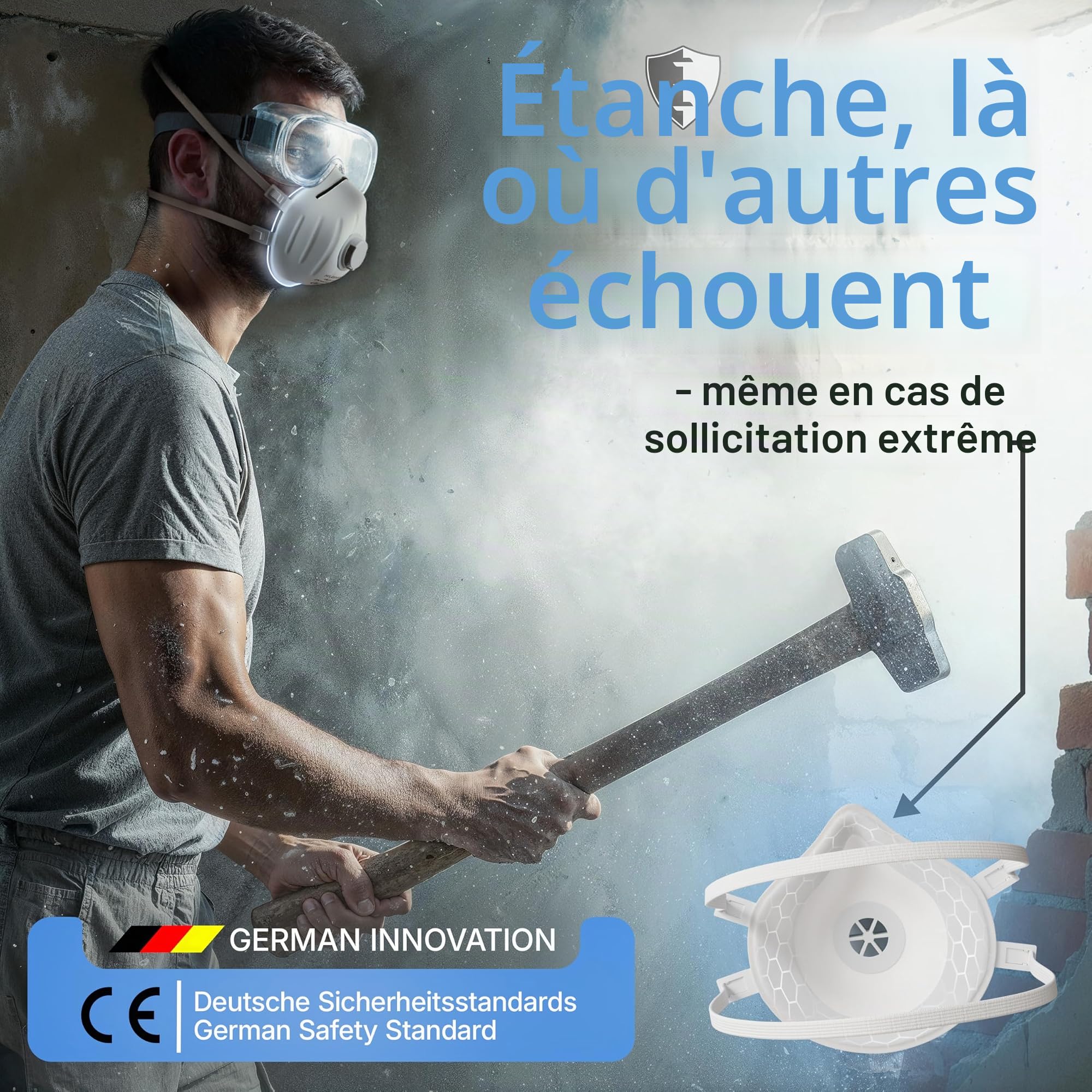 HELDENWERK® FFP3 Masque avec valve – Lot de 5, 10 ou 20 – Masque de protection respiratoire/Masque anti-poussière certifié valve de respiration – Masques anti-poussière avec bandeau arrière réglable