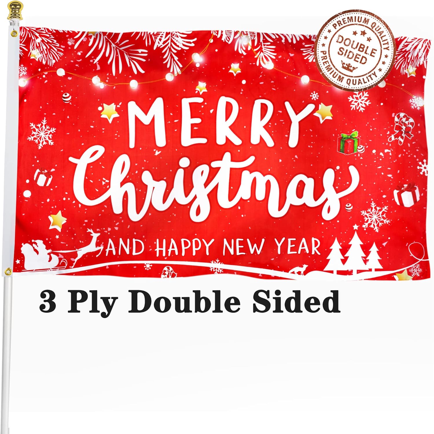 XIFAN Christmas Flag Double Sided 3x5 FT Outdoor, Large Merry Christmas and Happy New Year Banner with Snowman Christmas Tree, Gift Wall Winter Decoration