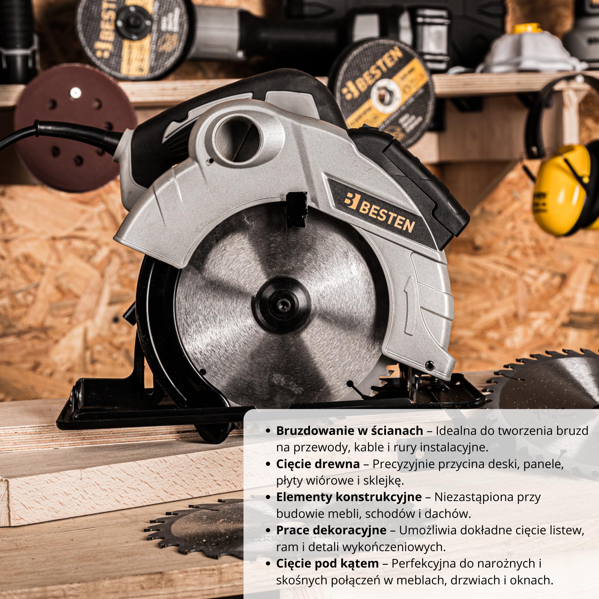 Piła tarczowa ręczna 2000W 185 mm do drewna, laser, 3 tarcze 24T 40T 60T, cięcie 65 mm, regulacja 0–45°, odsysanie pyłu BESTEN