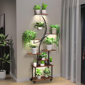 Plant Stand Indoor with Grow Lights, Indoor Plant Stand with Wheels, 8 Tiered Plant Shelf Indoor, Tall Plant Stands Indoor with Pulley for Living Room, 1PCS