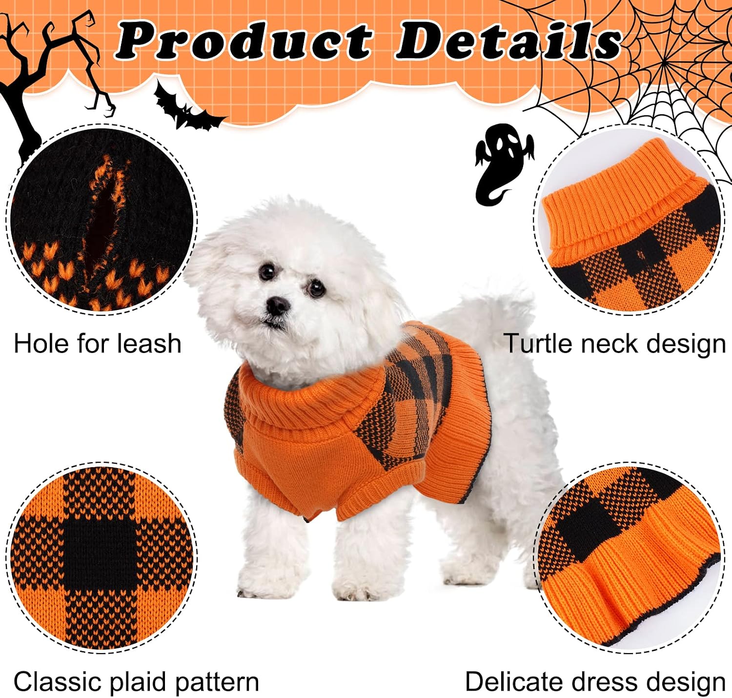 LeLePet Dog Sweater Dress - Turtleneck Pullover Knitwear, Warm Plaid Halloween Sweater for Small to Large Dogs, Yorkies, Orange, S