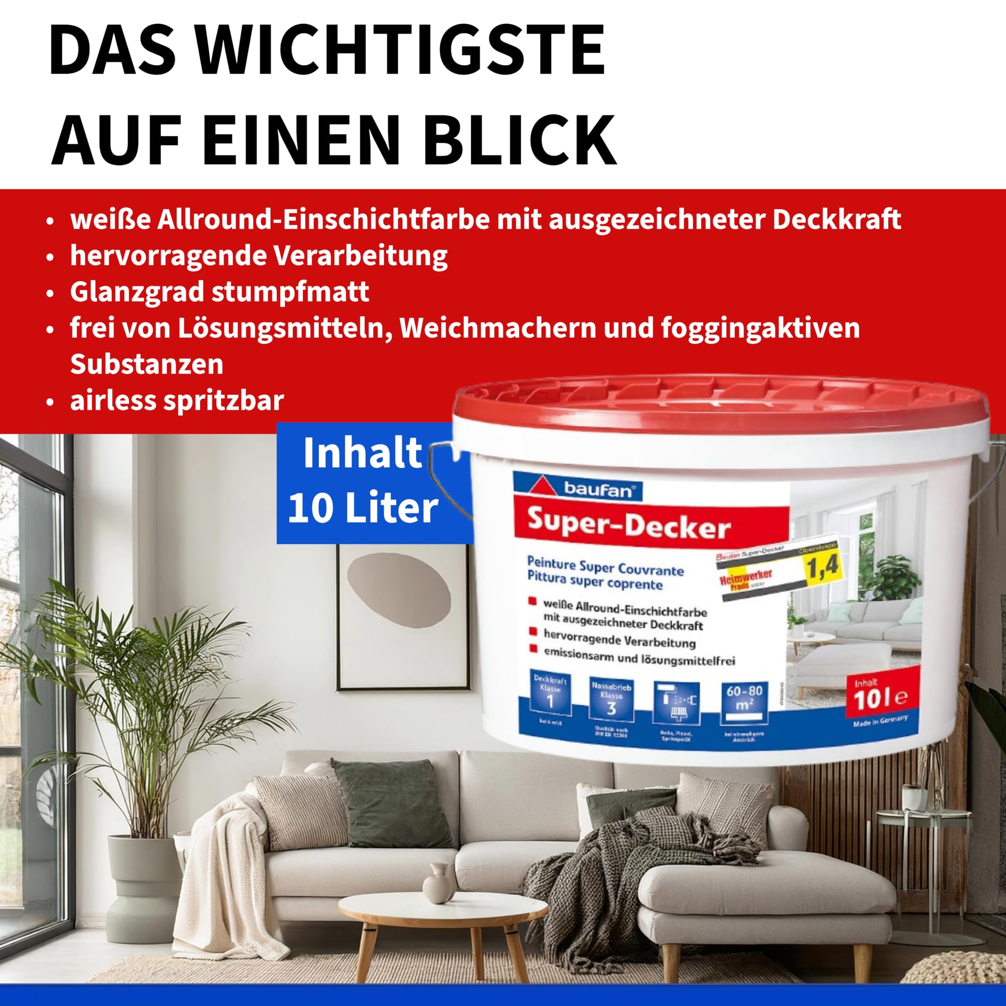 baufan Super-Decker 10 Liter Weiße Wandfarbe | Deckkraftklasse 1 | Stumpfmatt | Weiße Farbe Innen | Nassabriebbeständigkeit Klasse 3 | Lösungsmittel- & Weichmacherfrei | Airless Spritzbar