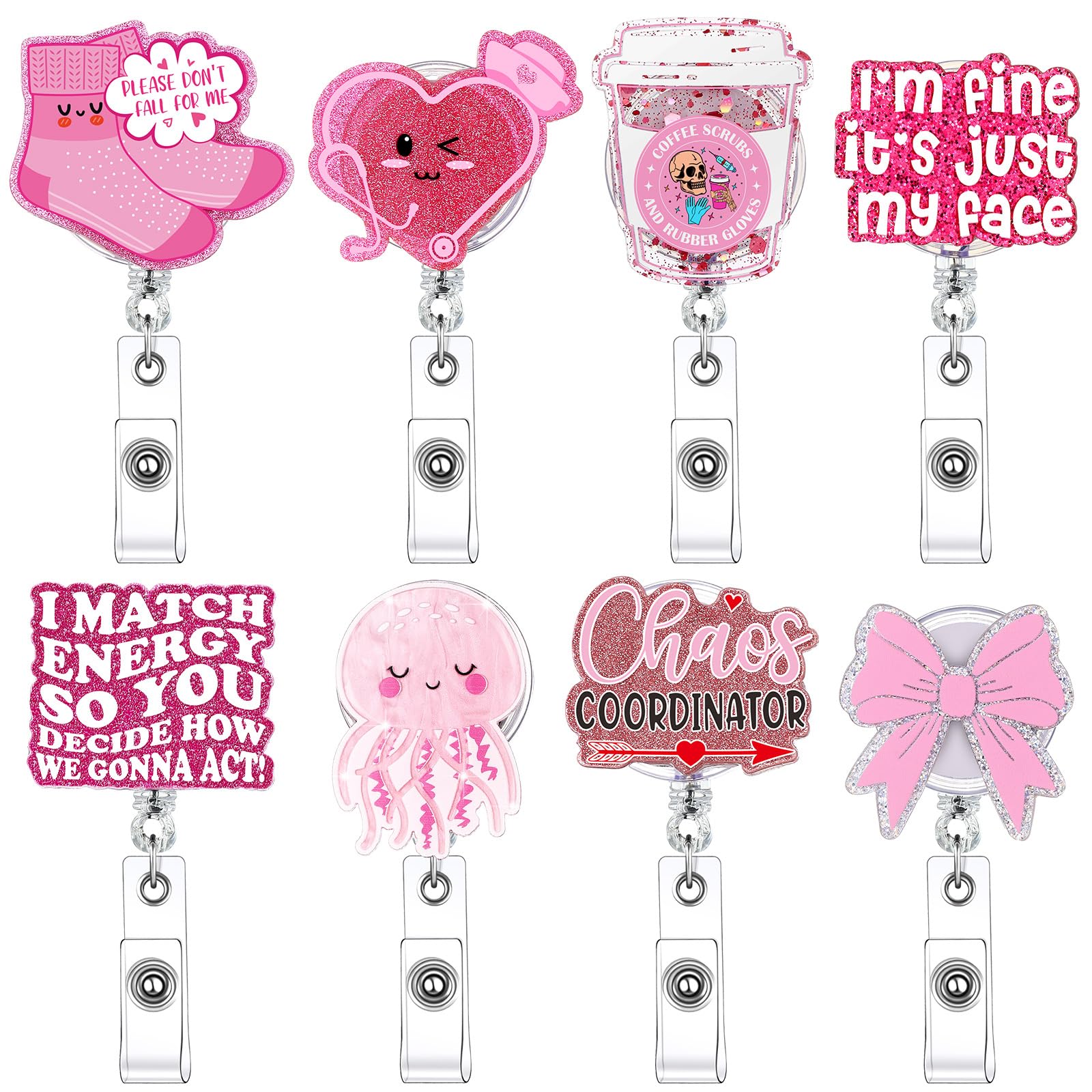 Remuuly 8 Pcs Cute Nurse Badge Reel Retractable Glitter Cow Daisy Smile Face Pink Bow Girly Funny Accessories Name Tag ID Clip Holder for Christmas