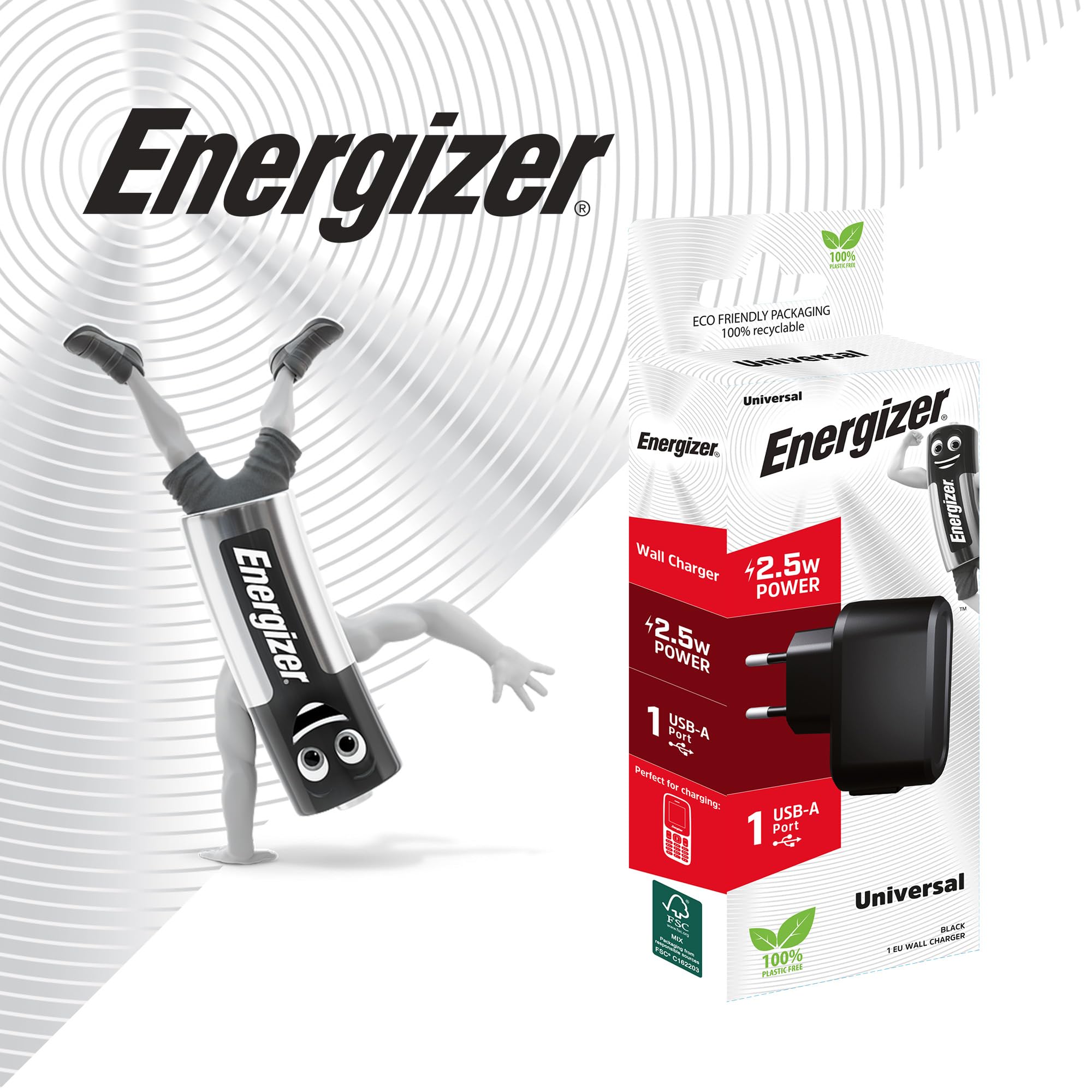 Energizer - Caricabatterie universale per telefono a chiave - 2,5 W - 1 porta USB-A - Nero - Spina EU